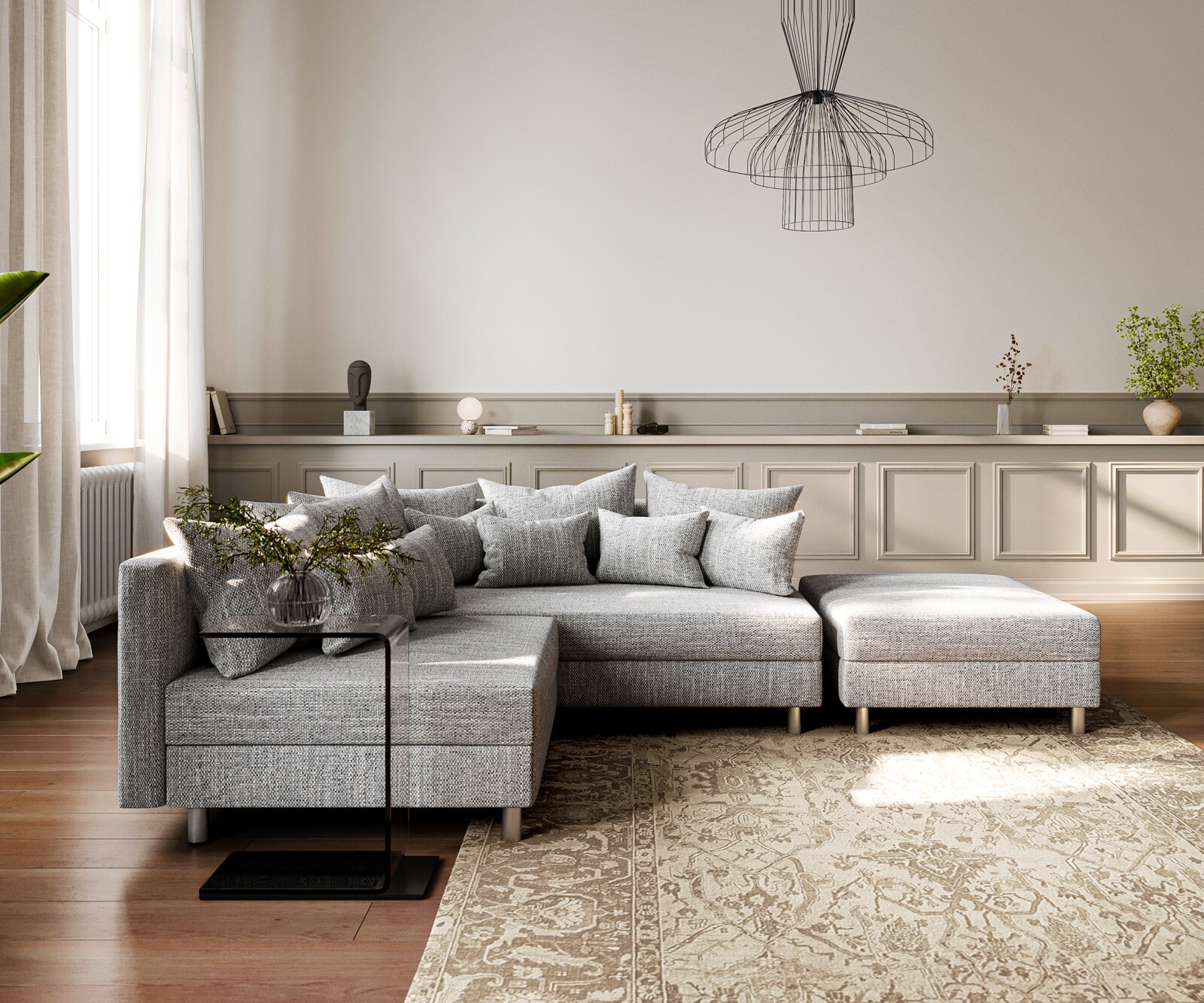 Hoekbank Clovis lichtgrijze structuur hocker rechts module bank 1 Hoekbank Clovis lichtgrijze structuur hocker rechts module bank 1