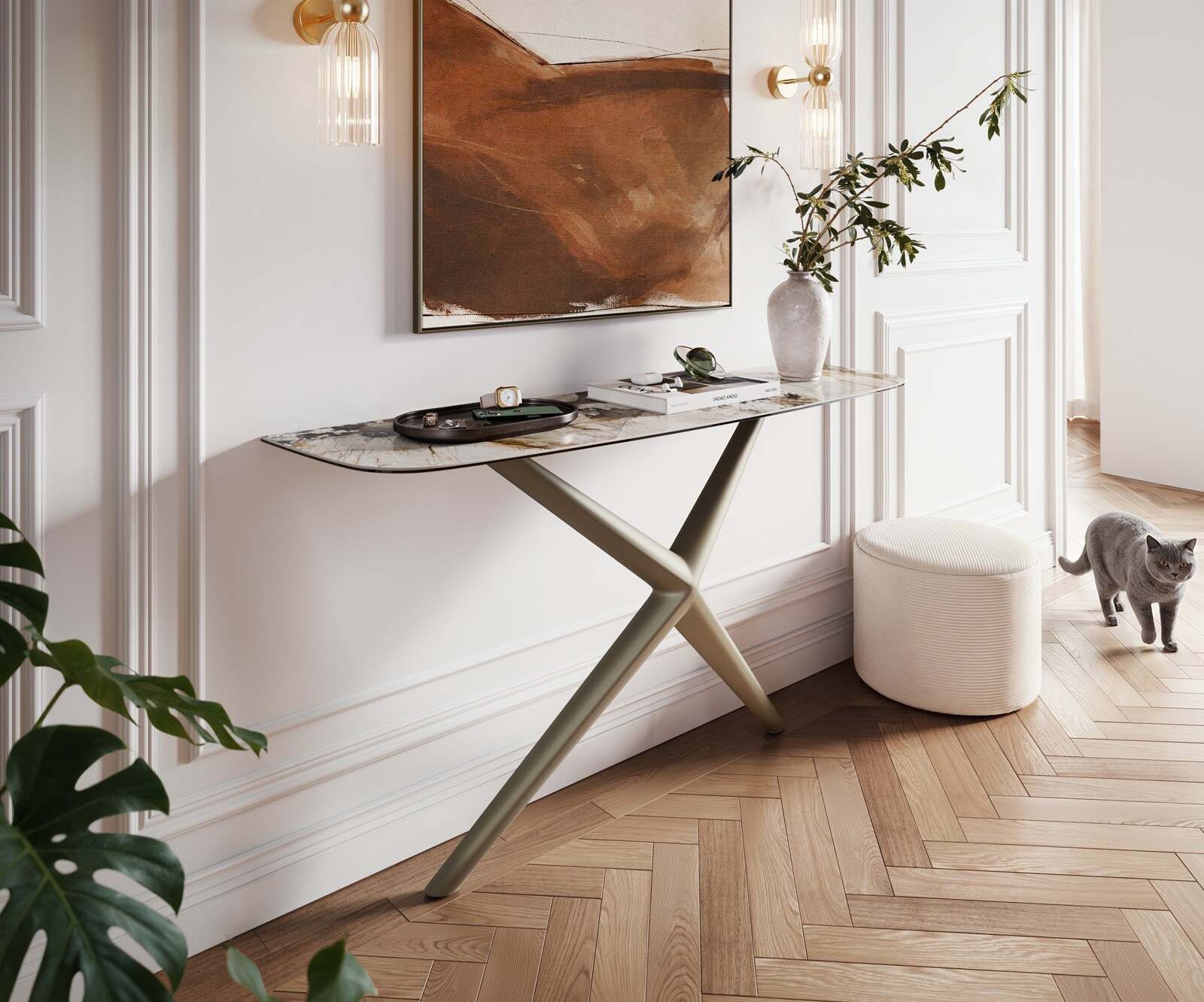 Consoletafel Edge Bootvorm 140x40 cm Keramiek Patagonia Poliert Estelo Metaal Effektfinish Titan 8