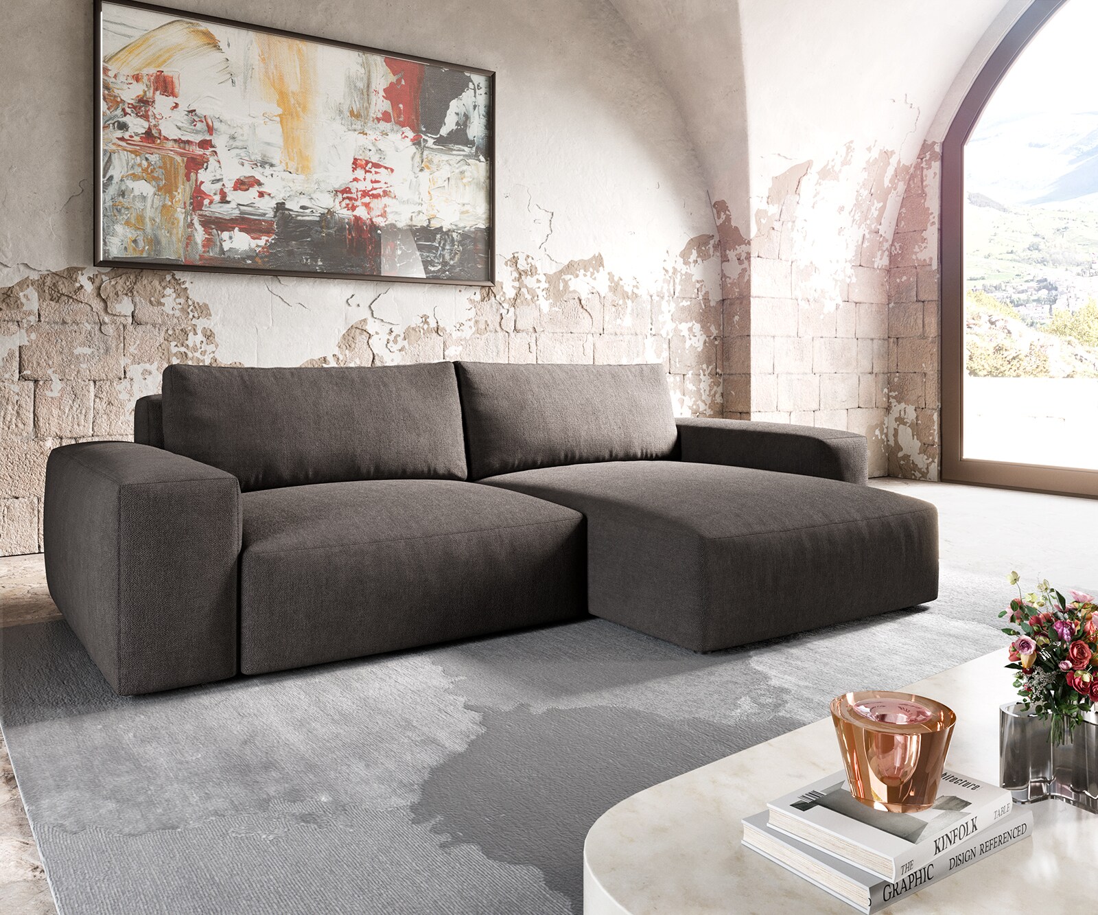 Hoekbank Lanzo XL 270x180 cm microvezel kaki bruin variabele rugleuning