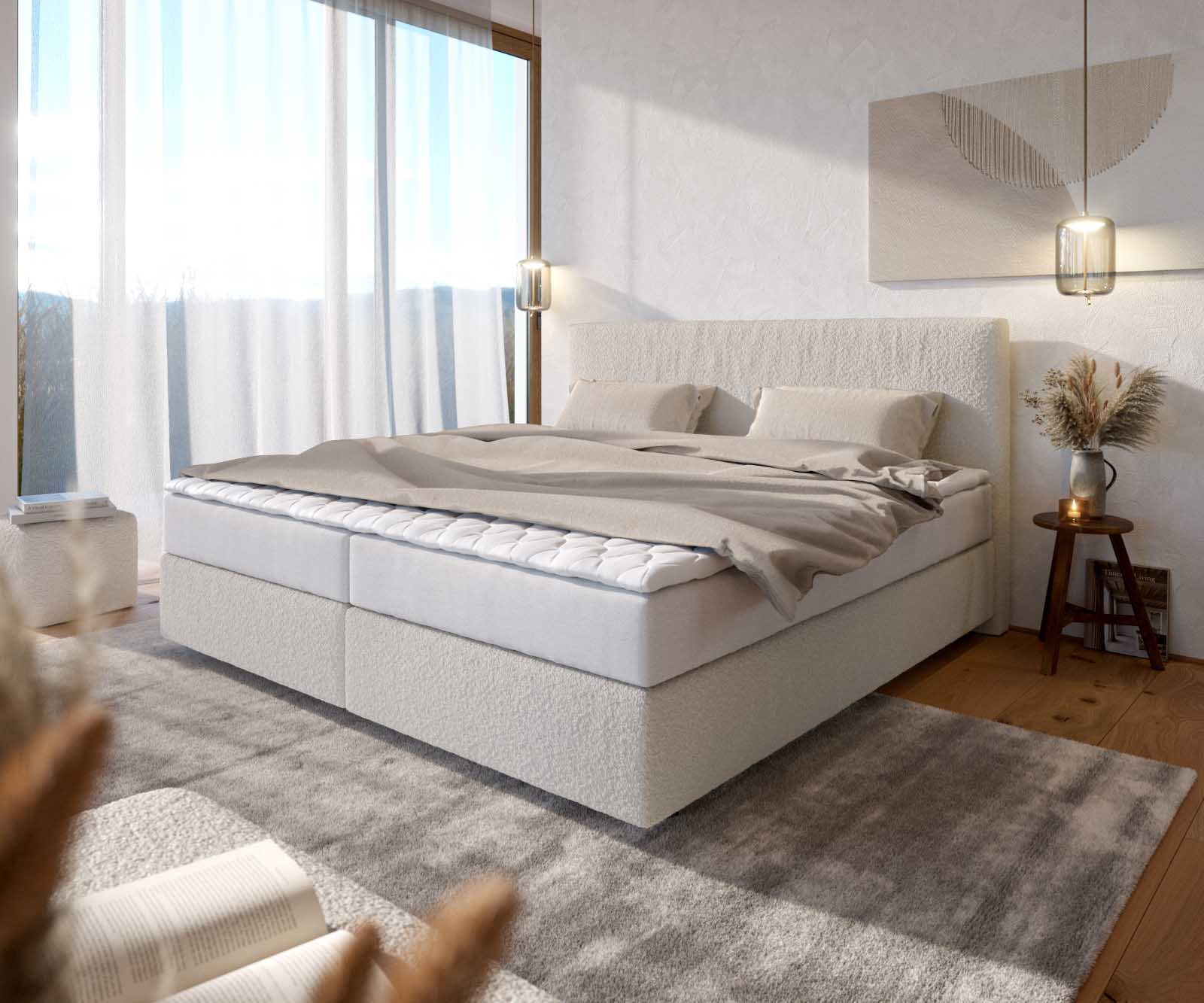 Boxspringbed Dream-Well Bouclé crèmewit 200x200 cm met pocketveringmatras en Visco topper