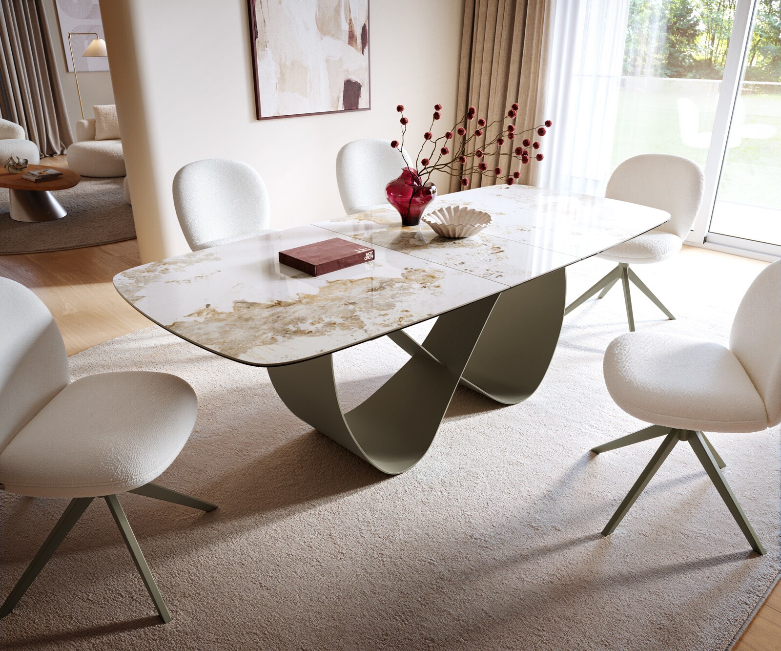Eettafel Edge Boot 180-220x100 Keramiek Minas Melange Wit-beige Infinity metaal effect afwerking titanium Uitschuifbaar 6
