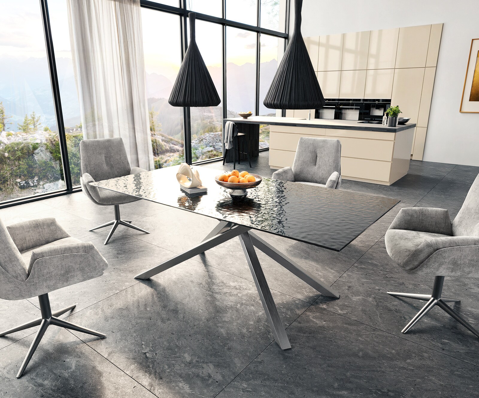 Eetkamertafel Edge 200x100 Glas smelten rokerig zwart 3D-Relief kruisframe rechthoek RVS 6