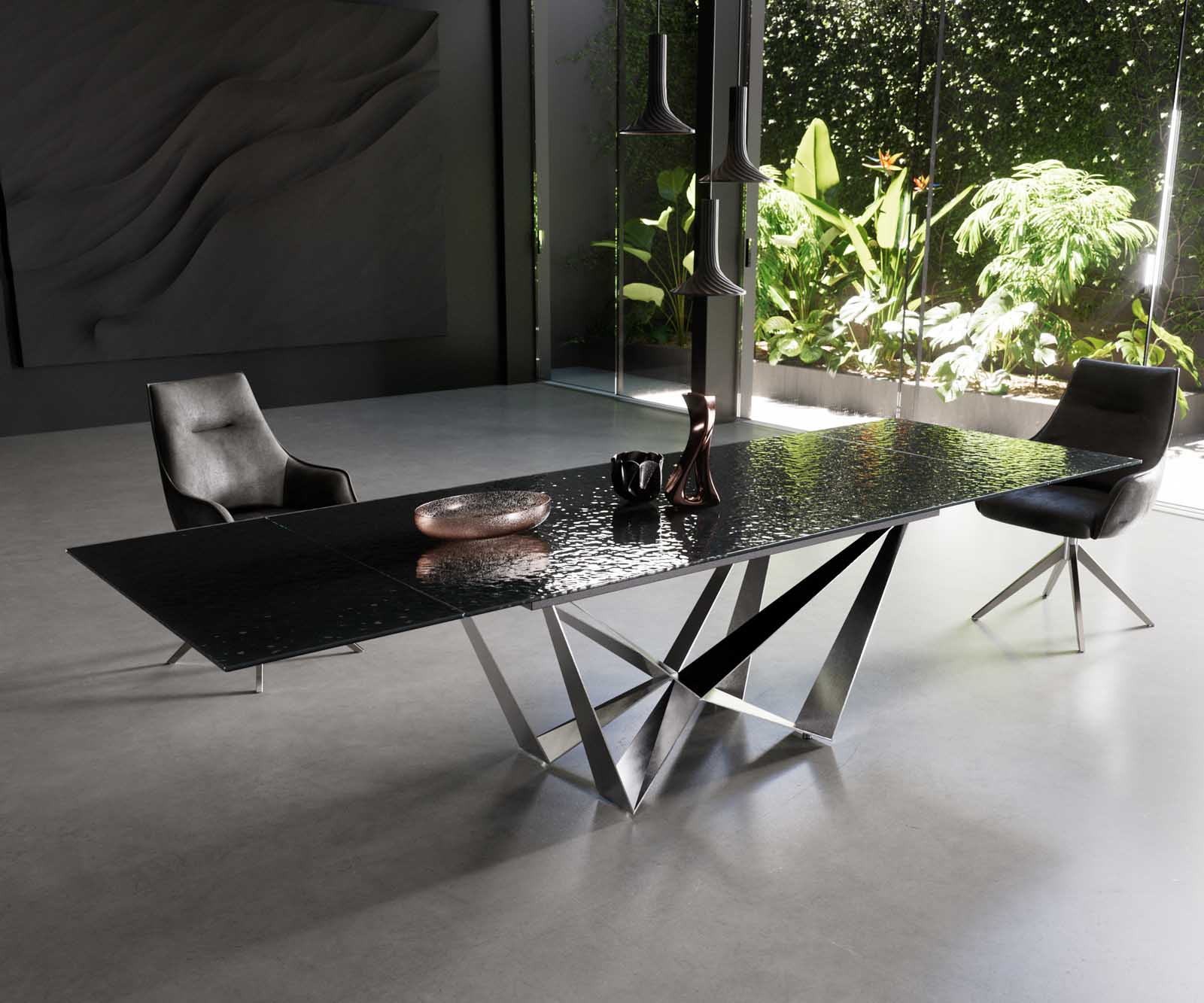 Eetkamertafel Edge 200-300x100 Glas smelten rokerig zwart 3D-Relief spider vlak staal RVS uitschuifbaar