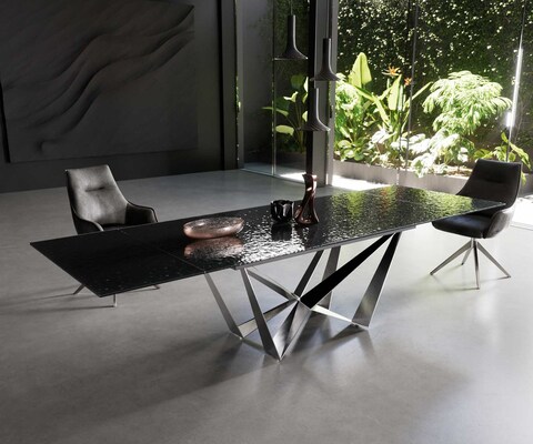 Eetkamertafel Edge 200-300x100 Glas smelten rokerig zwart 3D-Relief spider vlak staal RVS uitschuifbaar