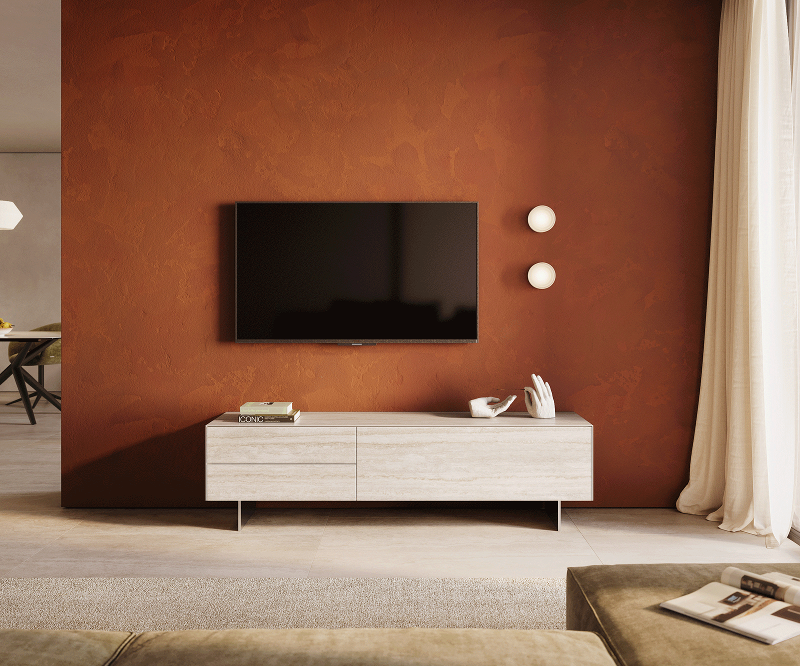 Tv-meubel Cuor 180 cm Keramiek Laminam® Travertino Bianco Crème-wit 1 Flap 2 Laden Zwevende voet look Roestvrij staal 2