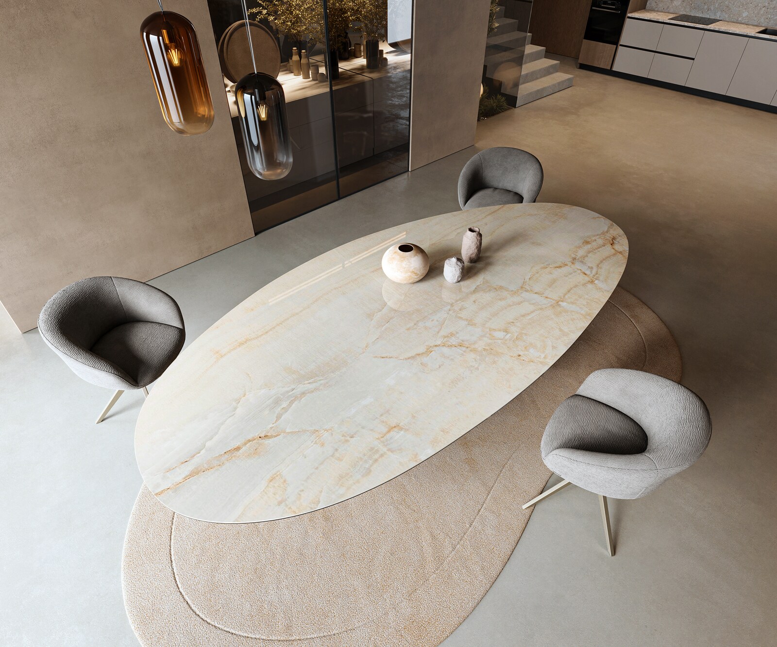 Eetkamertafel Edge Oval 315x150 cm Keramiek Iris FMG Onice Oro W-onderstel Metaal Effectafwerking Titan 4