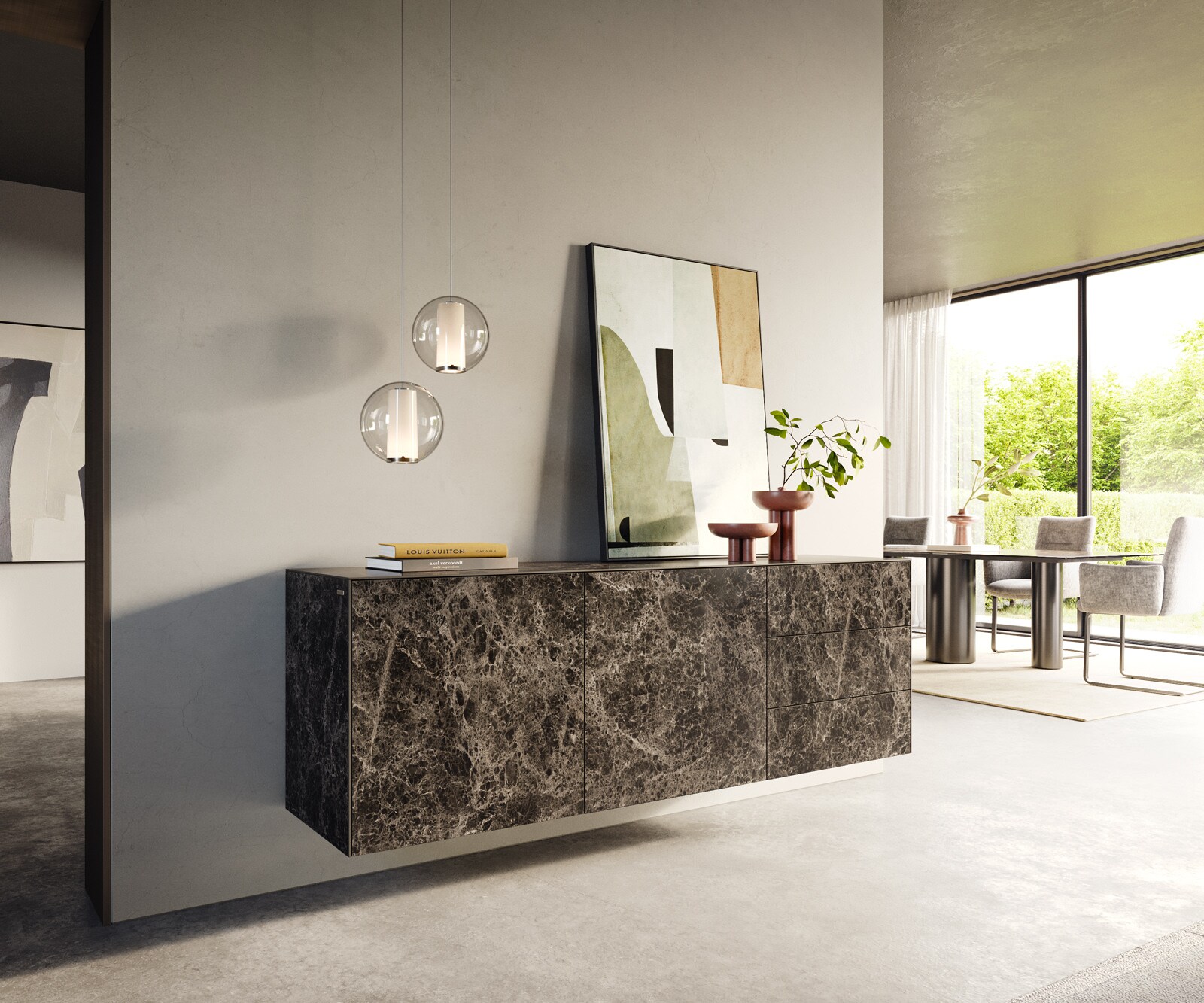 Dressoir Cuor 180 cm Keramiek Laminam® Emperador Extra Lucidato Donkerbruin 2 Deuren 3 Laden Zwevend 1