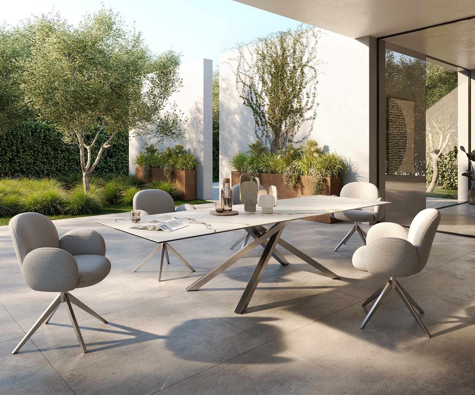 Outdoortafel Edge 300x100 cm keramiek Calacatta Luxe wit-goud-grijs kruispoot rechthoekig roestvrij staal 5