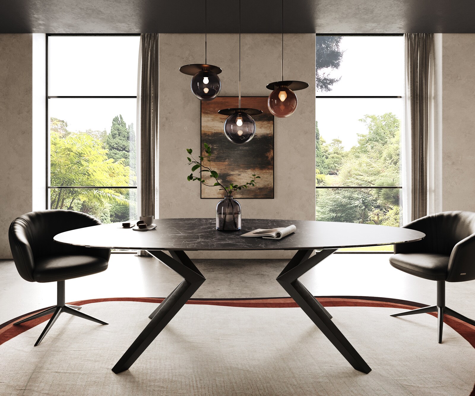 Eetkamertafel Edge ovaal 220x120 Laminam® keramiek Nero Greco Anthrazit Zenthara hoekig metaal zwart 1
