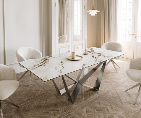 Eetkamertafel Edge 180-220x100 keramiek Calacatta Luxe wit-goud-grijs spider vlak staal RVS uitschuifbaar