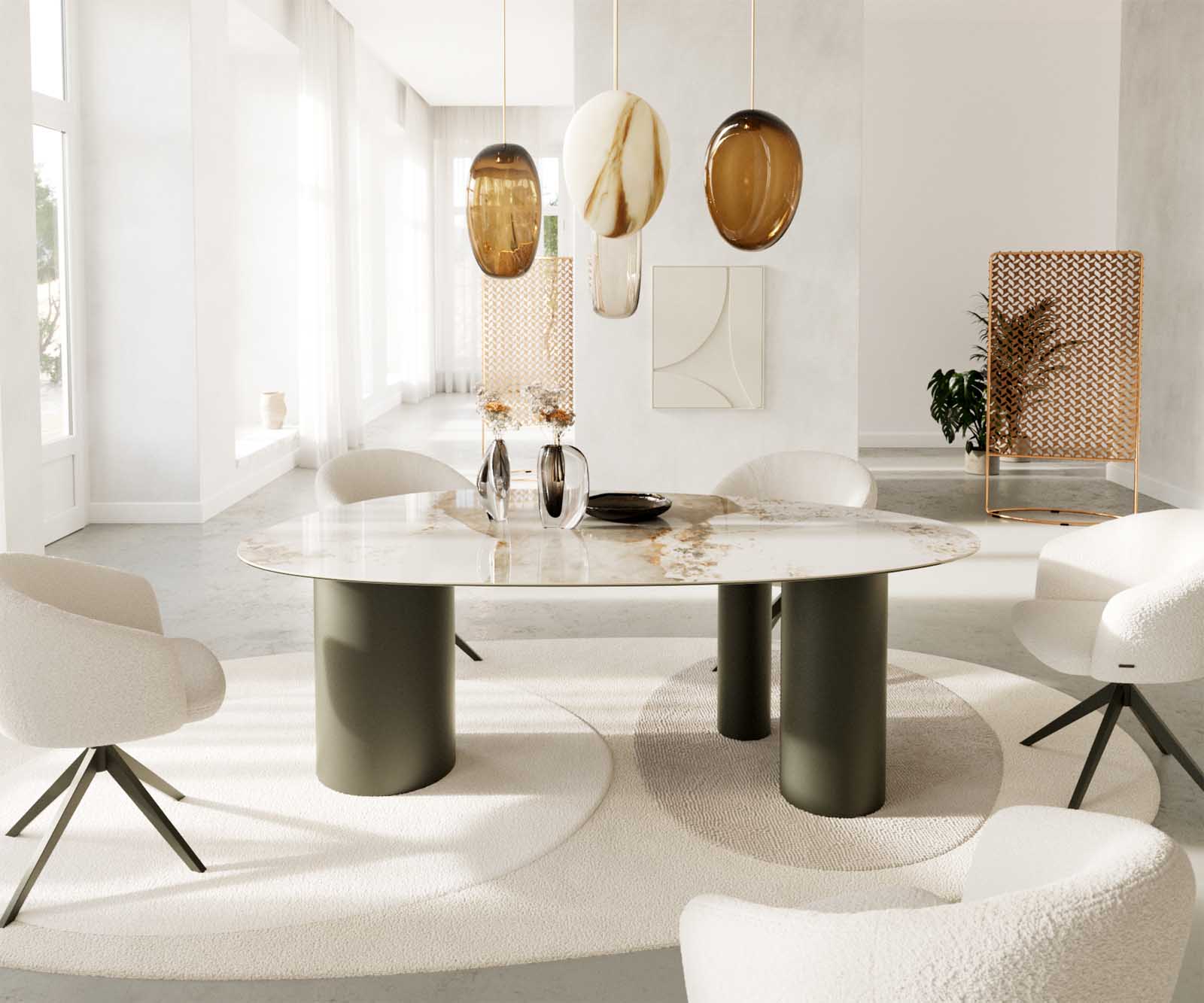 Eettafel Edge ovaal 220x120 keramiek Minas Melange wit-beige Troa metaal effect afwerking titanium 1