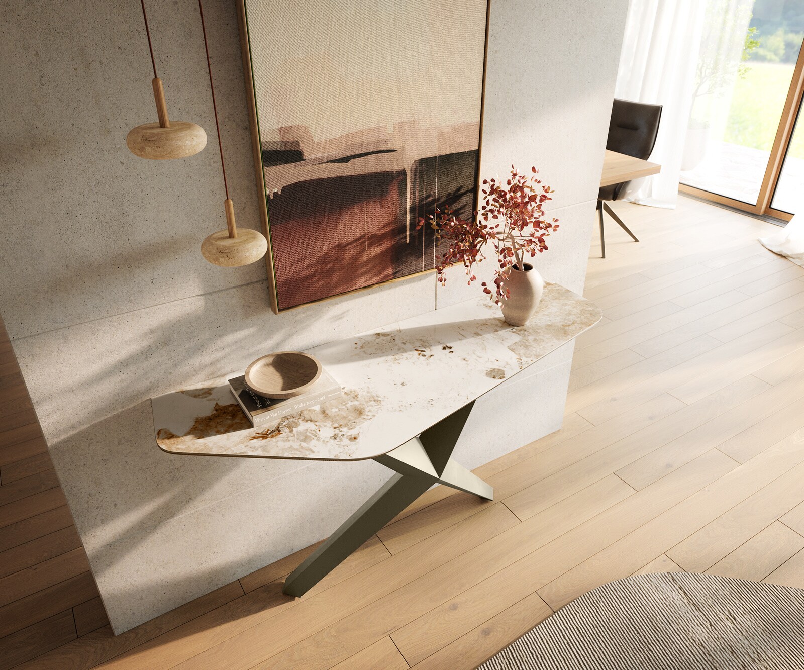 Consoletafel Edge Polygonaal 140x50 cm Keramiek Minas Melange Weiß-Beige Zentharo Metaal Effektfinish Titan 2