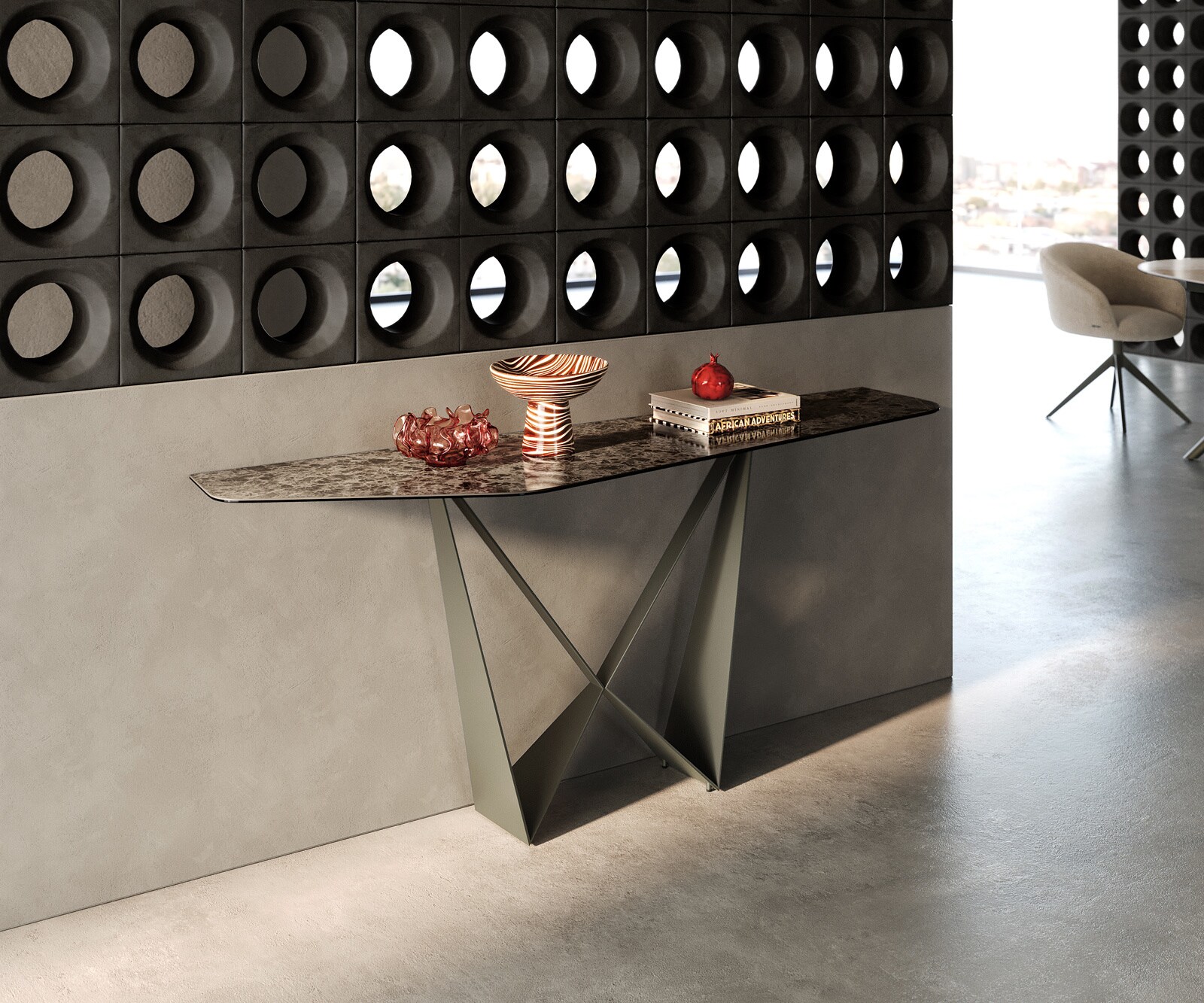 Consoletafel Edge Polygonaal 180x50 cm Keramiek Emperador Extra Lucidato Dunkelbraun Spios Metaal Effektfinish Titan 4