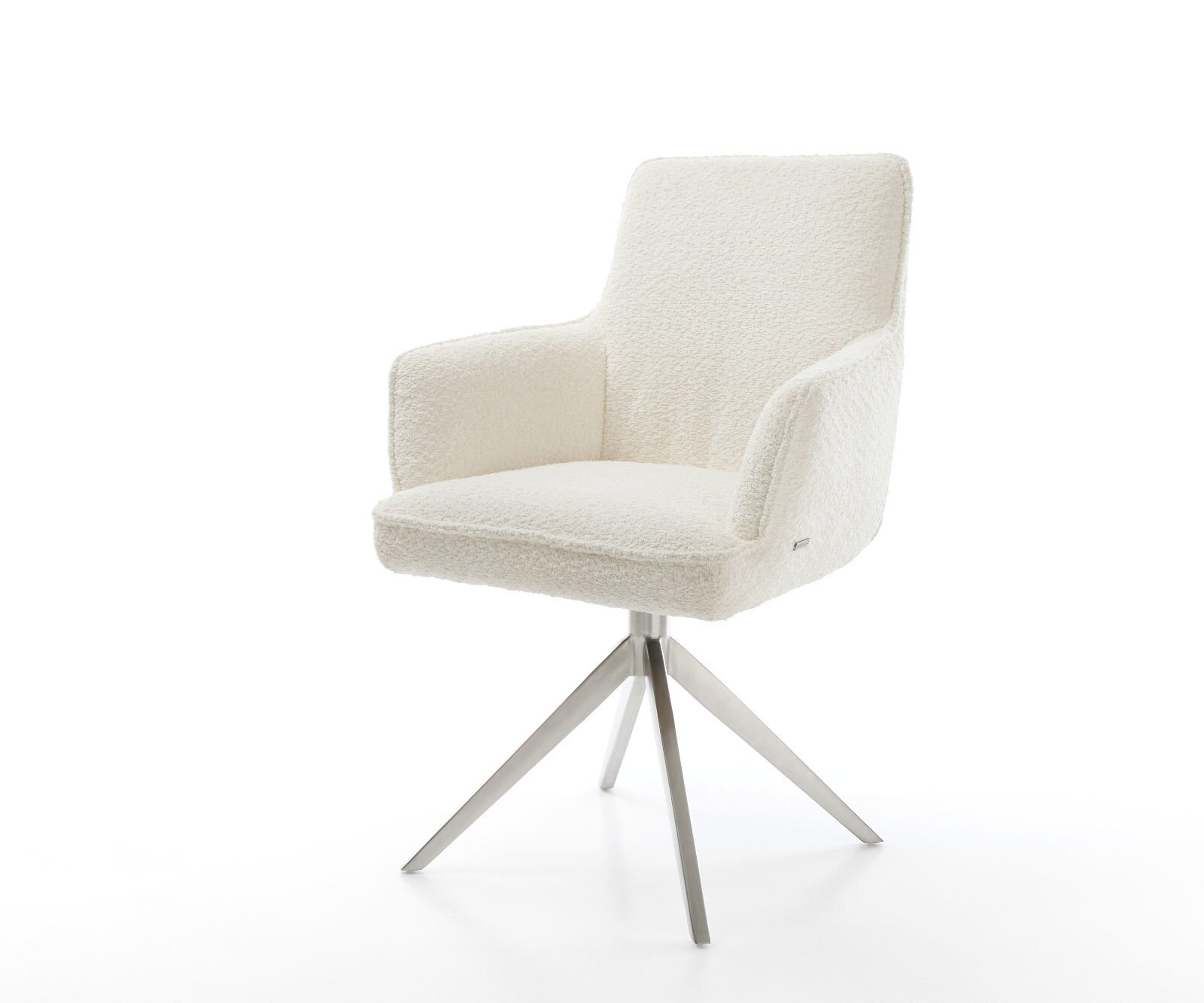 Draaistoel Heira-Flex met armleuning bouclé wit kruisframe breed roestvrij staal 360° draaibaar rocker-functie pocketveer kern