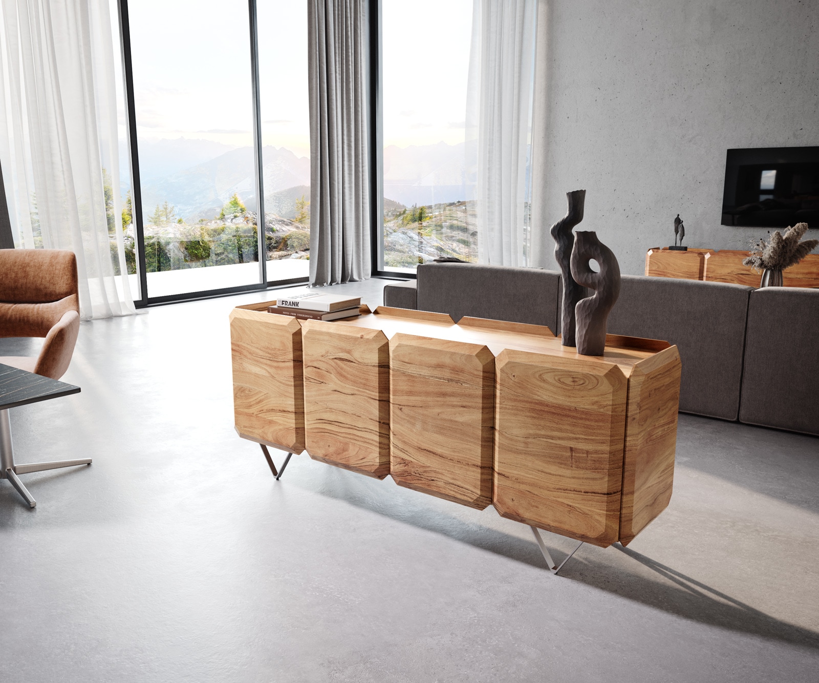 Sideboard Kiano 175 cm Acacia Natuur 4 Deuren V-voet Edelstaal Roomdivider Sideboard Kiano 175 cm Acacia Natuur 4 Deuren V-voet Edelstaal Roomdivider