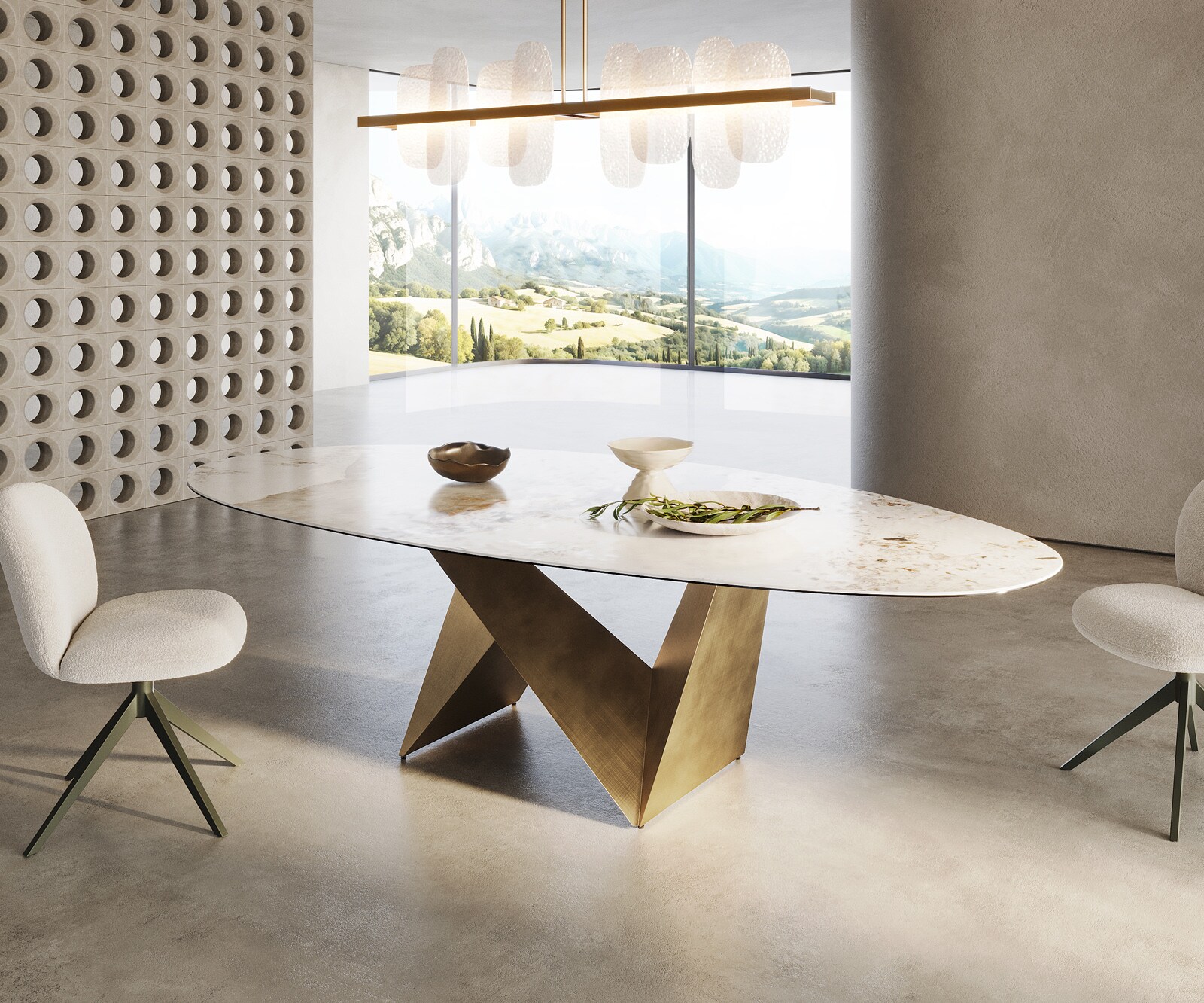 Eettafel Edge Oval 280x130 keramiek  Minas Melange wit-beige  Origami metaal goud 3