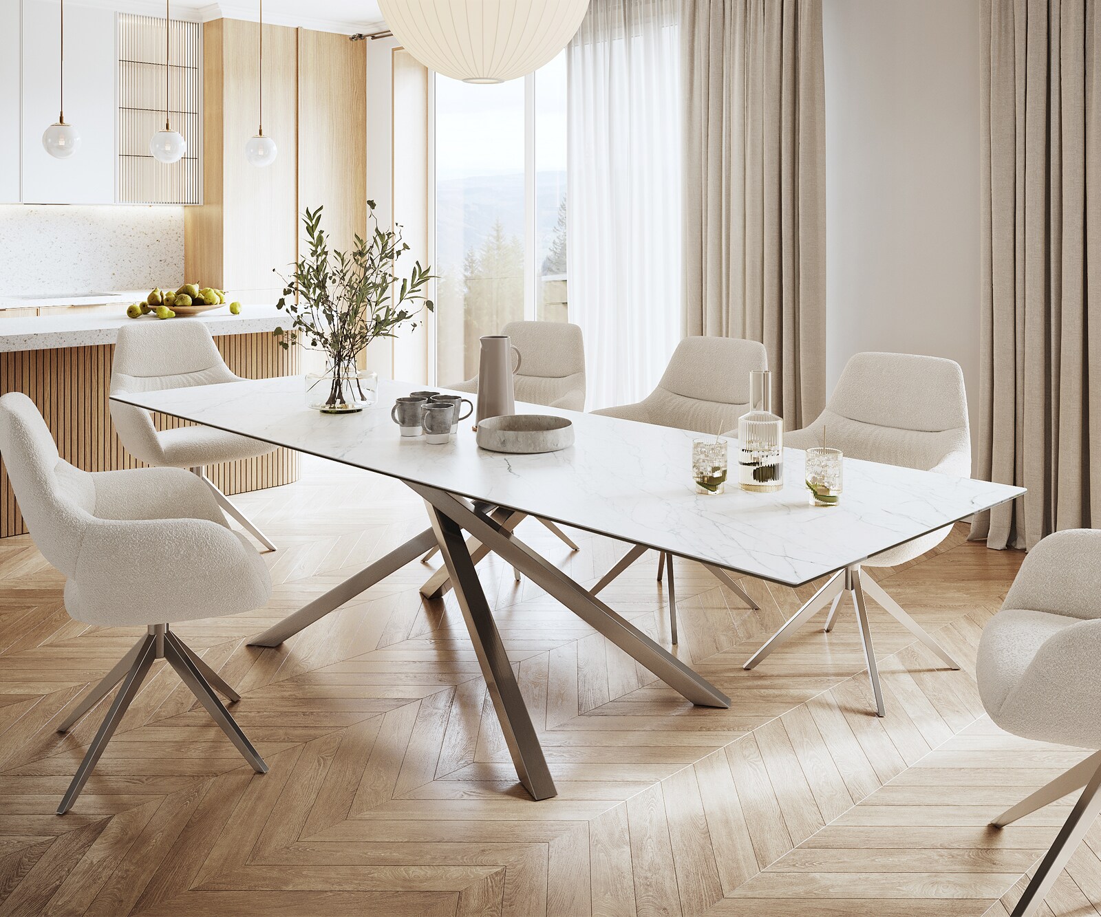Eettafel Edge 300x100cm Laminam® keramiek wit middenpoot kruis zilver 1