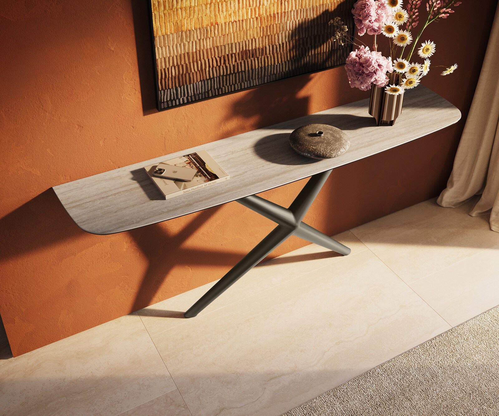 Consoletafel Edge Bootvorm 180x40 cm Keramiek Laminam® Travertino Bianco Creme-Weiß Estelo Metaal Effektfinish Titan 4