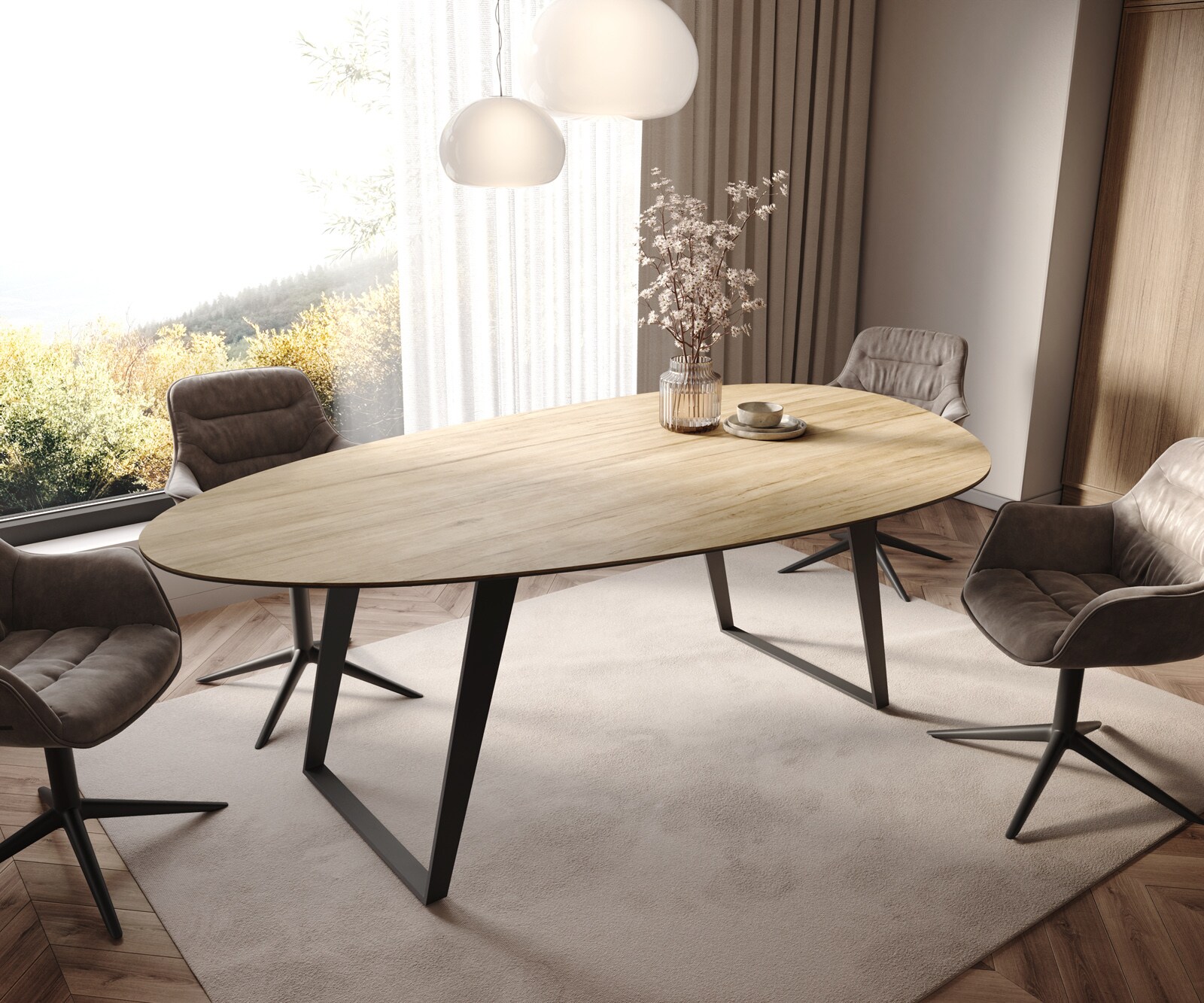 Eetkamertafel Edge Oval 220x120 cm Keramiek Laminam® Sabbia eikenkleurig Metaal Schuin Zwart