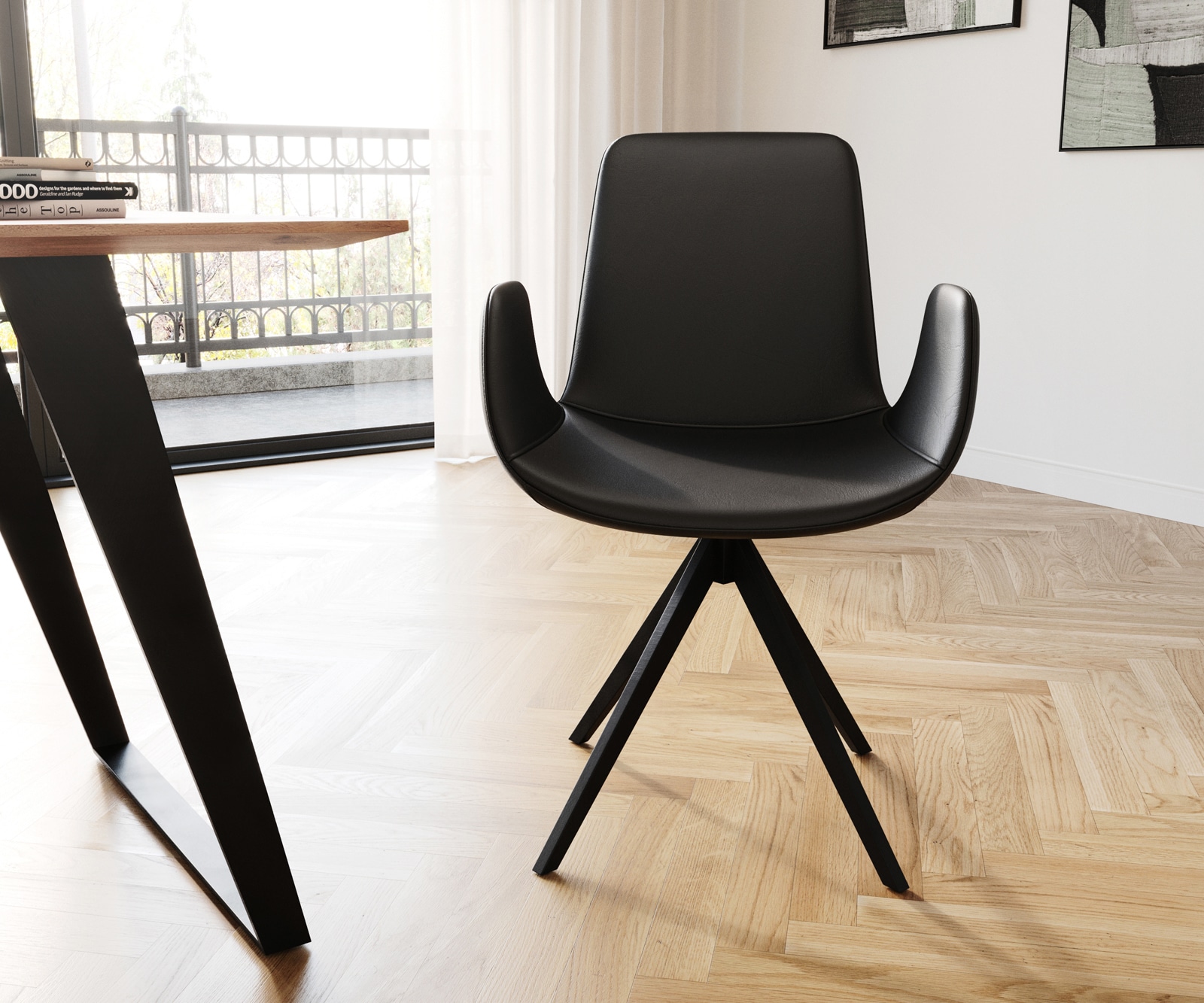 Eetkamerstoel Ilia-Flex met armleuning echt leer zwart kruisframe hoekig zwart 1 Eetkamerstoel Ilia-Flex met armleuning echt leer zwart kruisframe hoekig zwart 1