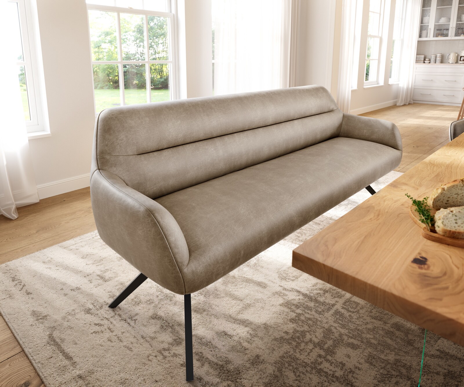Eetkamerbank Taya-Flex 200 cm microvelours beige vintage hoekig kruisframe zwart pocketvering