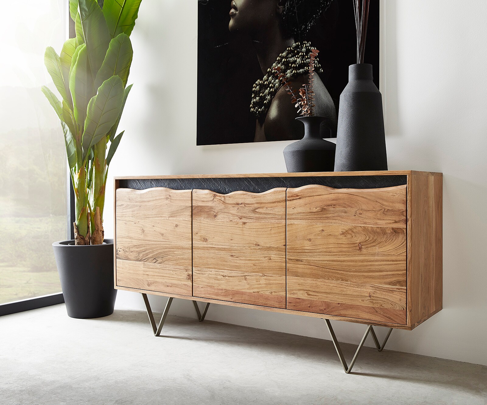 Dressoir Stonegrace 147x45 cm natuur acacia 3 deuren boomrand
