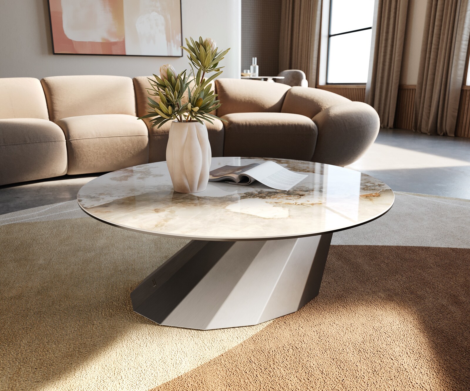 Salontafel Edge rond 90x90 cm keramiek Minas Melange Parabi geborsteld roestvrij staal 1