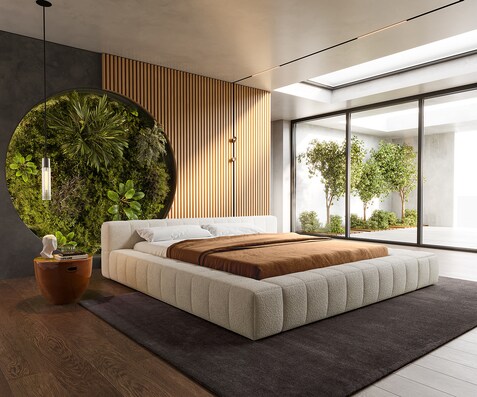 Gestoffeerd-bed Espazio 180x200 cm Bouclé crème-wit met opbergruimte