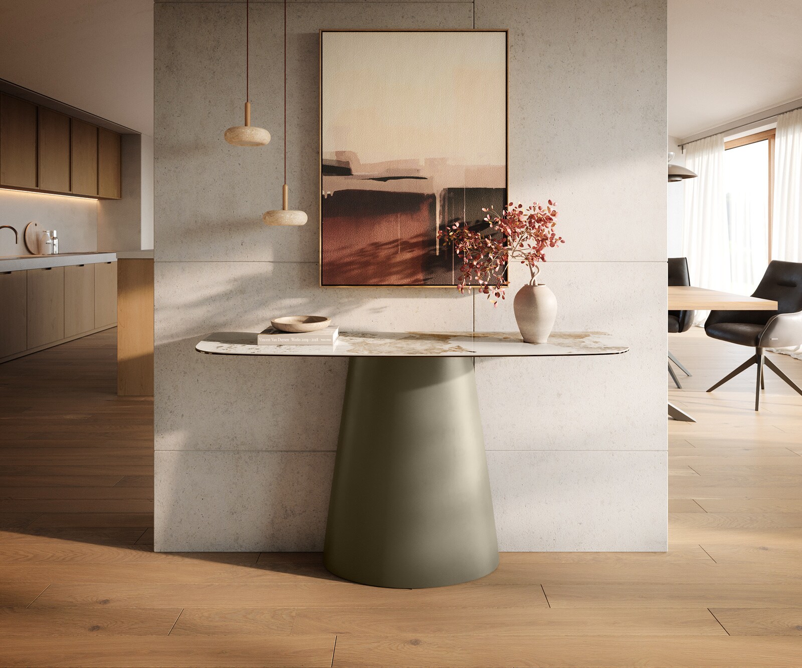 Consoletafel Edge Bootvorm 140x40 cm Keramiek Minas Melange Weiß-Beige Conos Metaal Effektfinish Titan 4