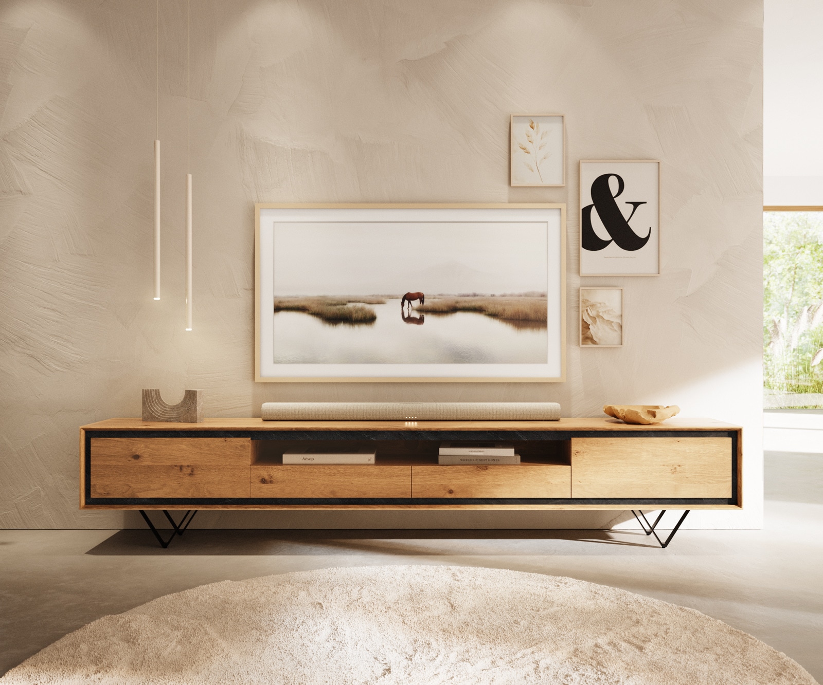 Tv-meubel Stonegrace 240 cm natuur eiken 2 deuren 1 vak 2 laden steenfineer V-onderstel metaal zwart 1 Tv-meubel Stonegrace 240 cm natuur eiken 2 deuren 1 vak 2 laden steenfineer V-onderstel metaal zwart 1