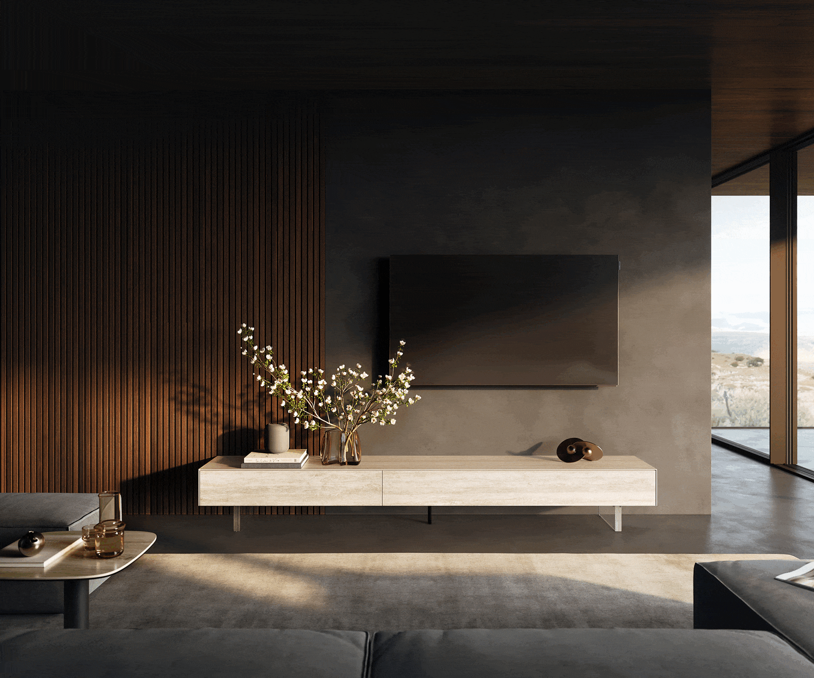 Tv-meubel Cuor 250 cm Keramiek Laminam® Travertino Bianco Crème-wit 1 Flap 1 Lade Zwevende voet look Acrylglas 1