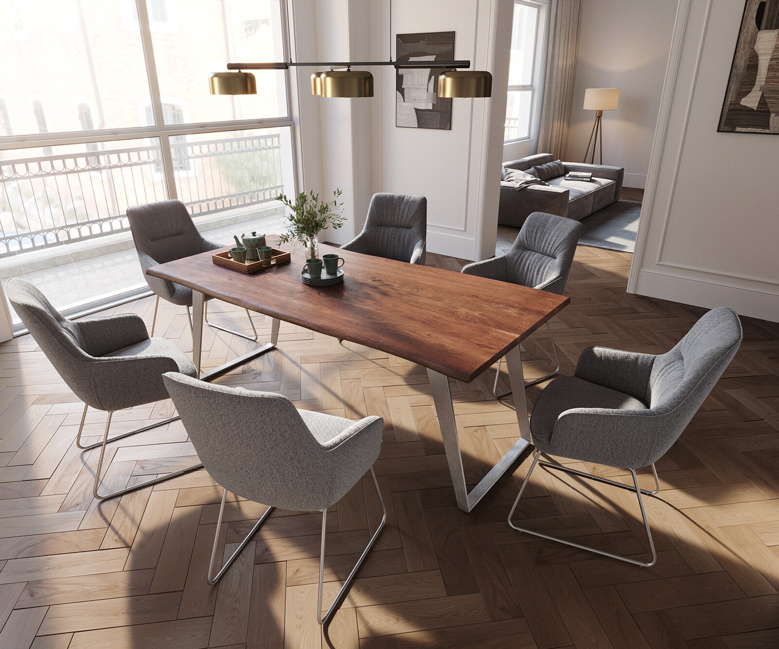 Eetkamerstoel Zelia-Flex met armleuning structuurstof lichtgrijs slipframe roestvrij staal pocketveer kern 3 Eetkamerstoel Zelia-Flex met armleuning structuurstof lichtgrijs slipframe roestvrij staal pocketveer kern 3