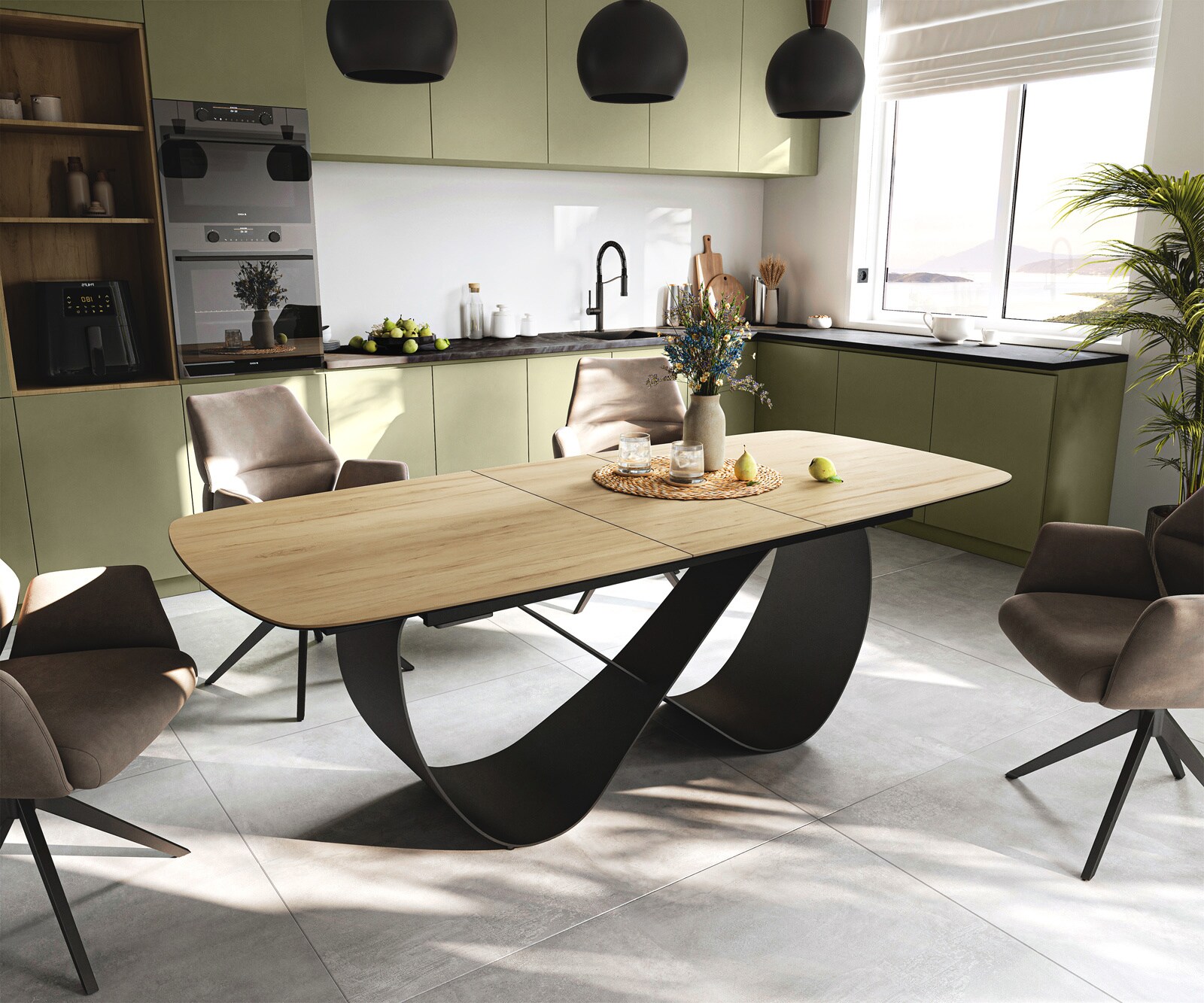 Eettafel Edge Boot 180-220x100 cm Keramiek Laminam® Sabbia Eichefarbig Infinity Metaal Zwart uitschuifbaar 1