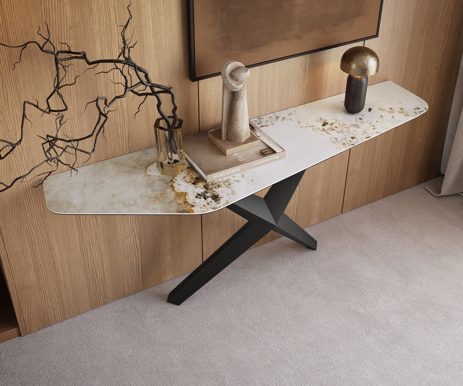 Consoletafel Edge Polygonaal 180x50 cm Keramiek Minas Melange Weiß-Beige Zentharo Metaal Zwart 2