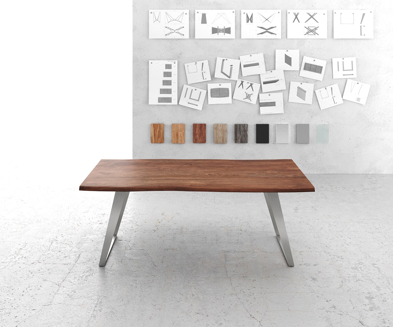 Eettafel Edge 200x100cm acacia bruin roestvrijstaal zilver schuin Live-Edge 1