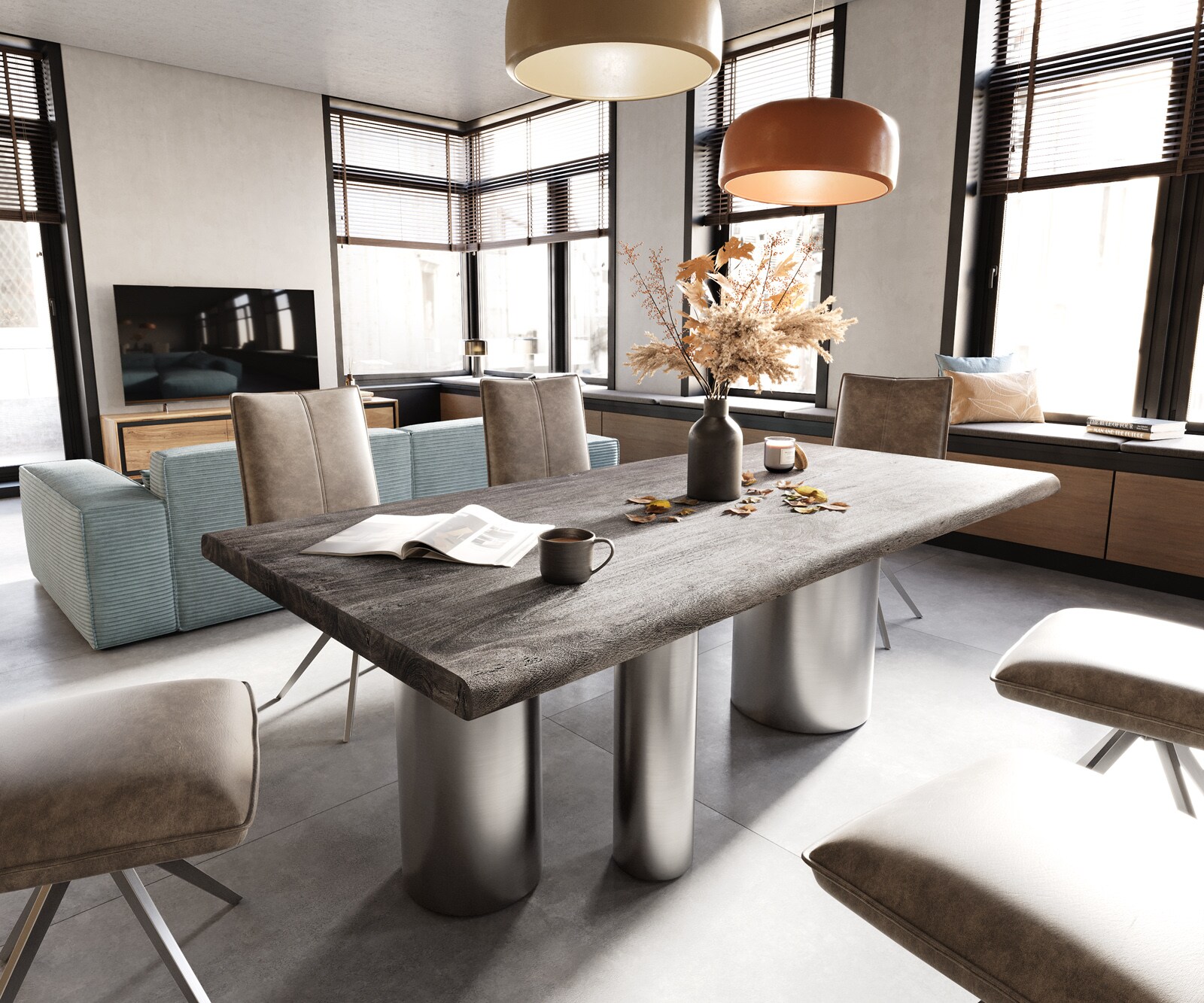 Eettafel Edge 200x100 XL acacia Platin Troa RVS geborsteld Live-Edge