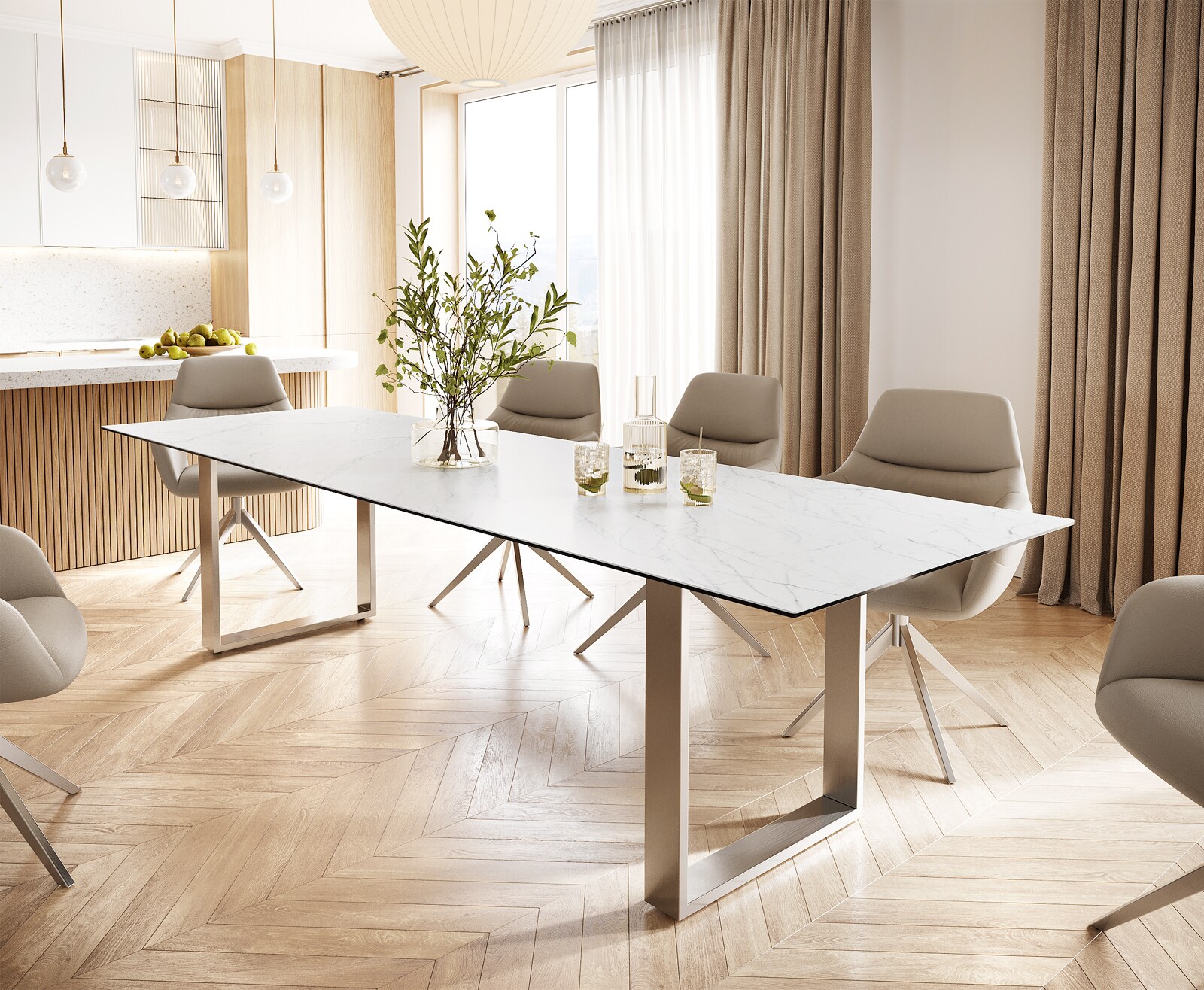 DELIFE Eettafel Edge 300x100 keramiek Laminam® Statuarietto wit roestvrij staal smal