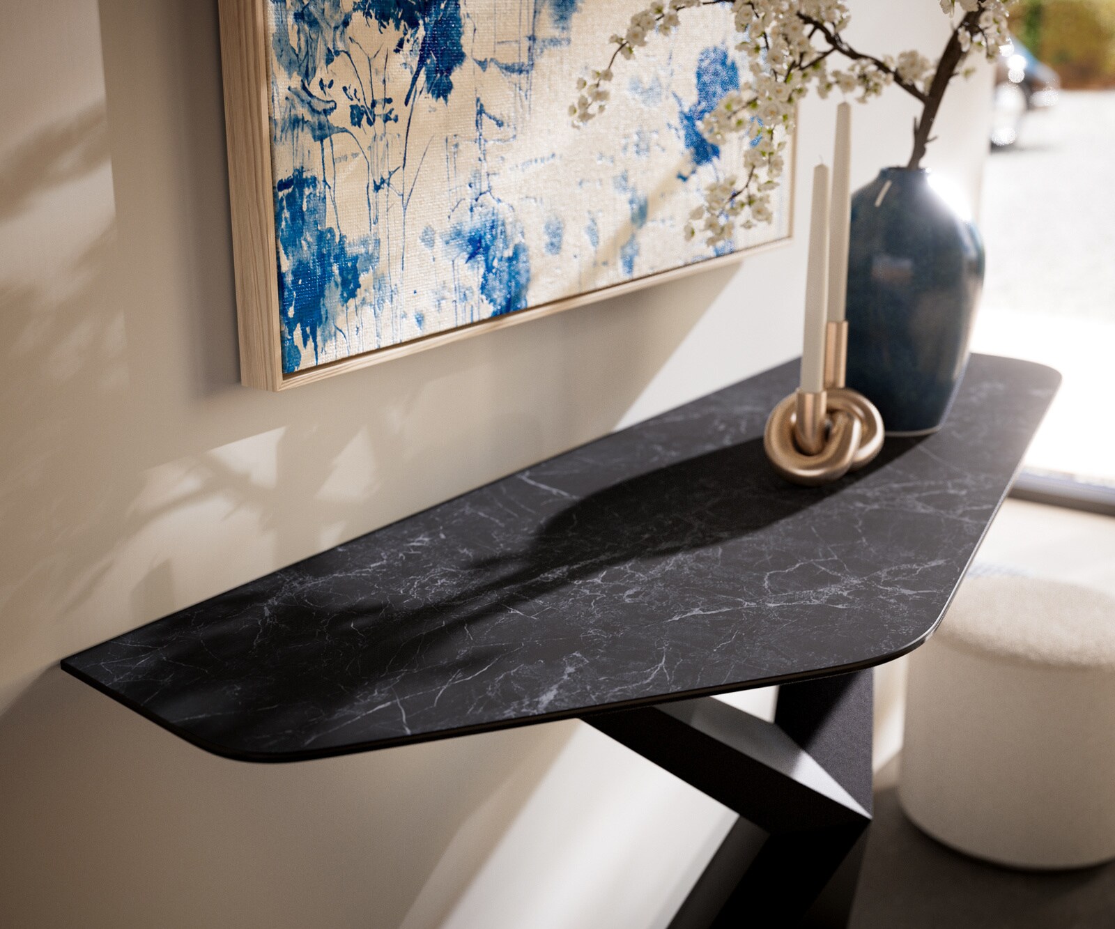 Consoletafel Edge Polygonaal 140x50 cm Keramiek Laminam® Nero Greco Anthrazit Zentharo Metaal Zwart 1