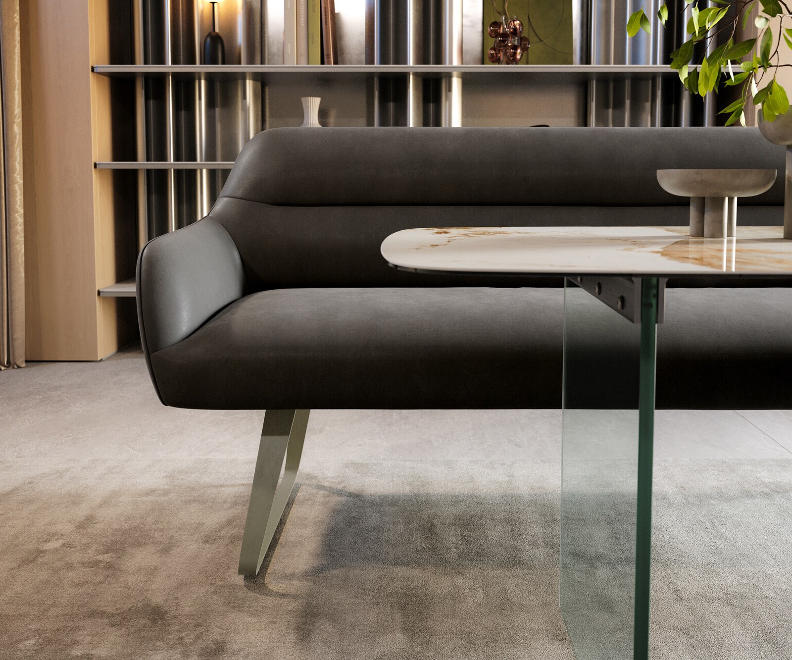 Eetkamerbank Taya-Flex 200 cm microvelours anthraciet vintage platte sledebasis afwerking met titaniumeffect pocketvering 1