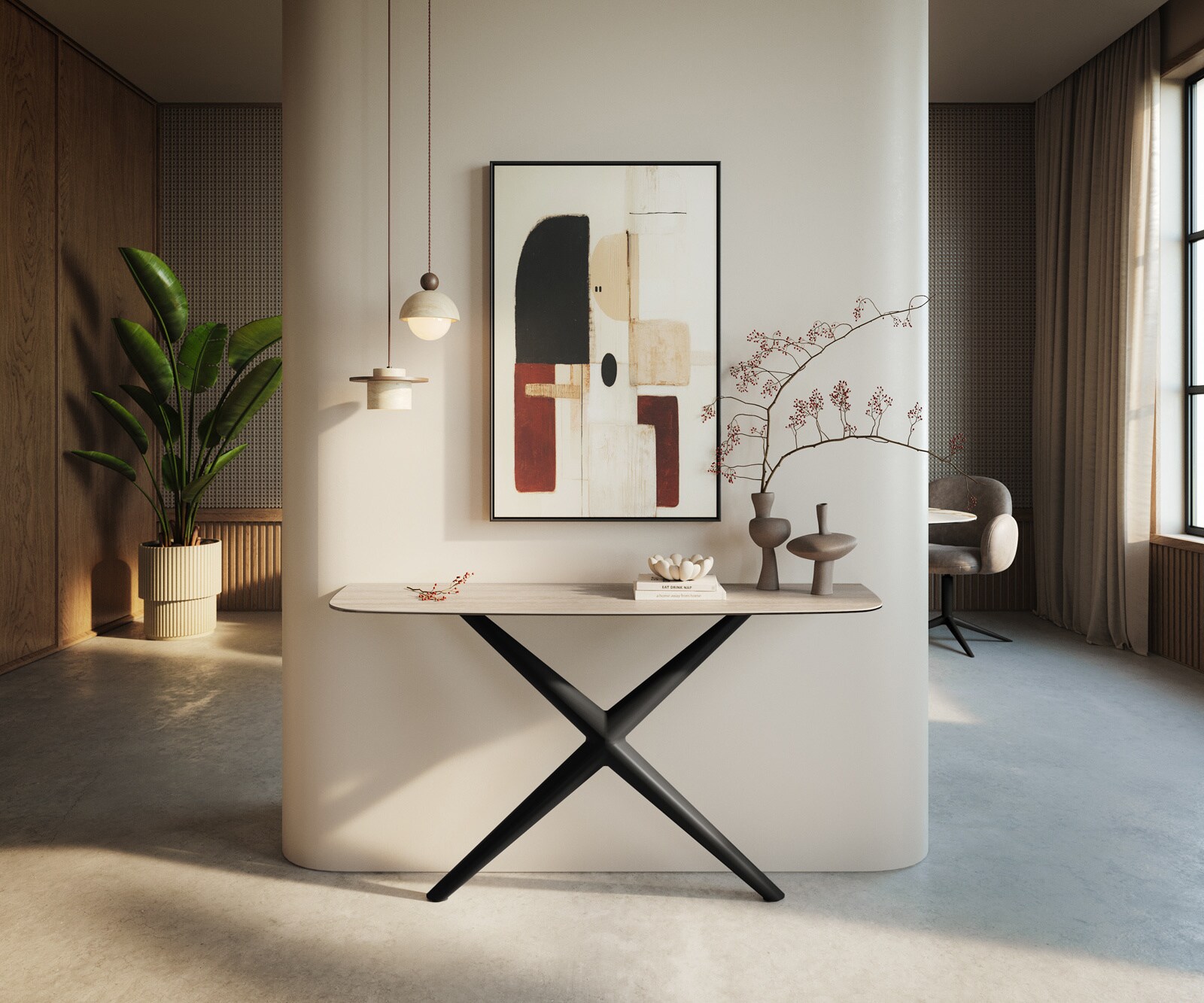 Consoletafel Edge Bootvorm 140x40 cm Keramiek Laminam® Travertino Bianco Creme-Weiß Estelo Metaal Zwart 4