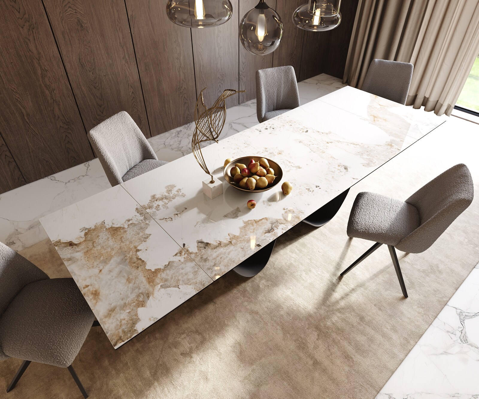 Eetkamertafel Edge 200-300x100 cm Keramiek Minas Melange Wit-Beige Infinity Metaal Zwart uitschuifbaar 3