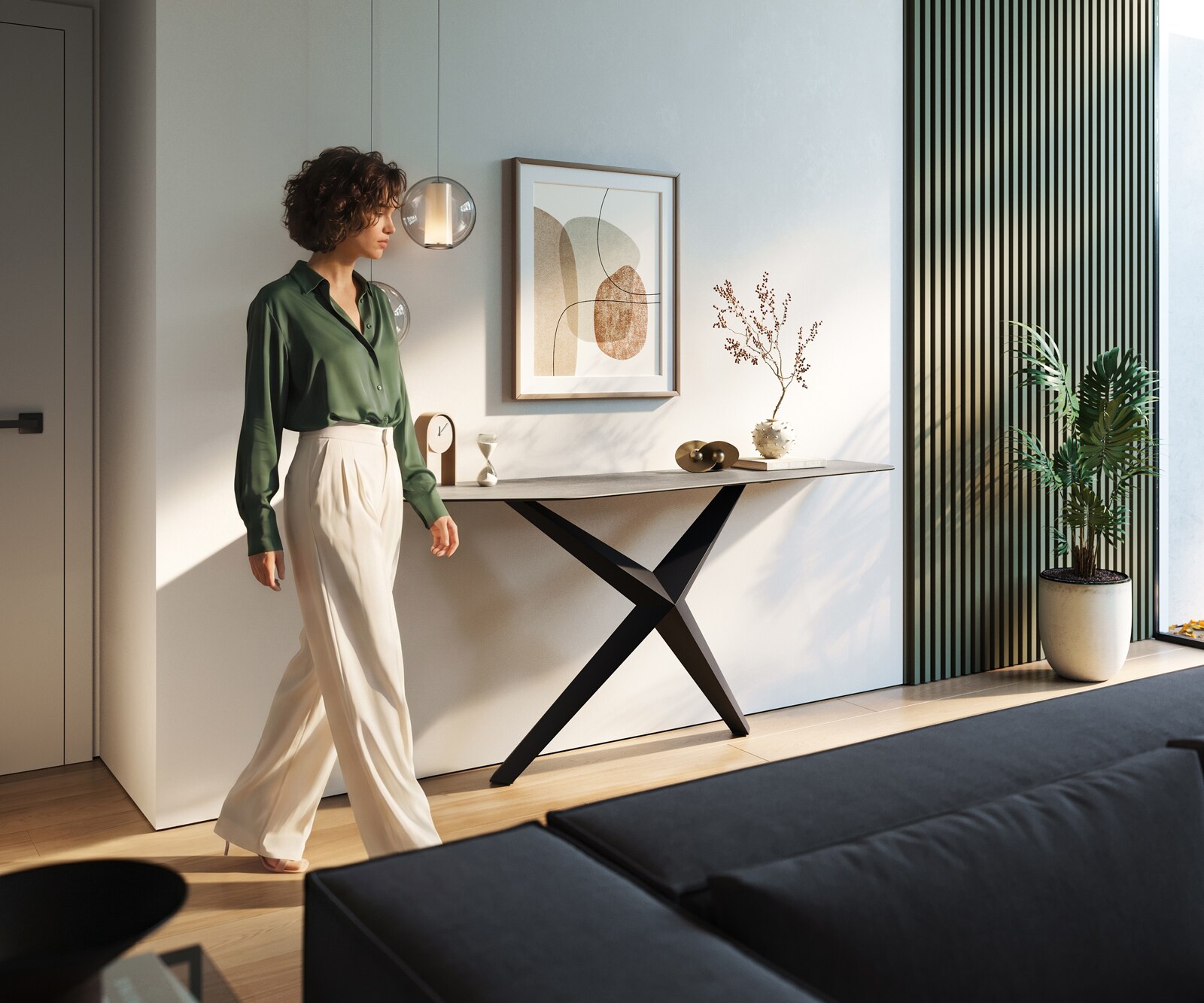 Consoletafel Edge Polygonaal 180x50 cm Keramiek Betongrijs Zentharo Metaal Zwart 7