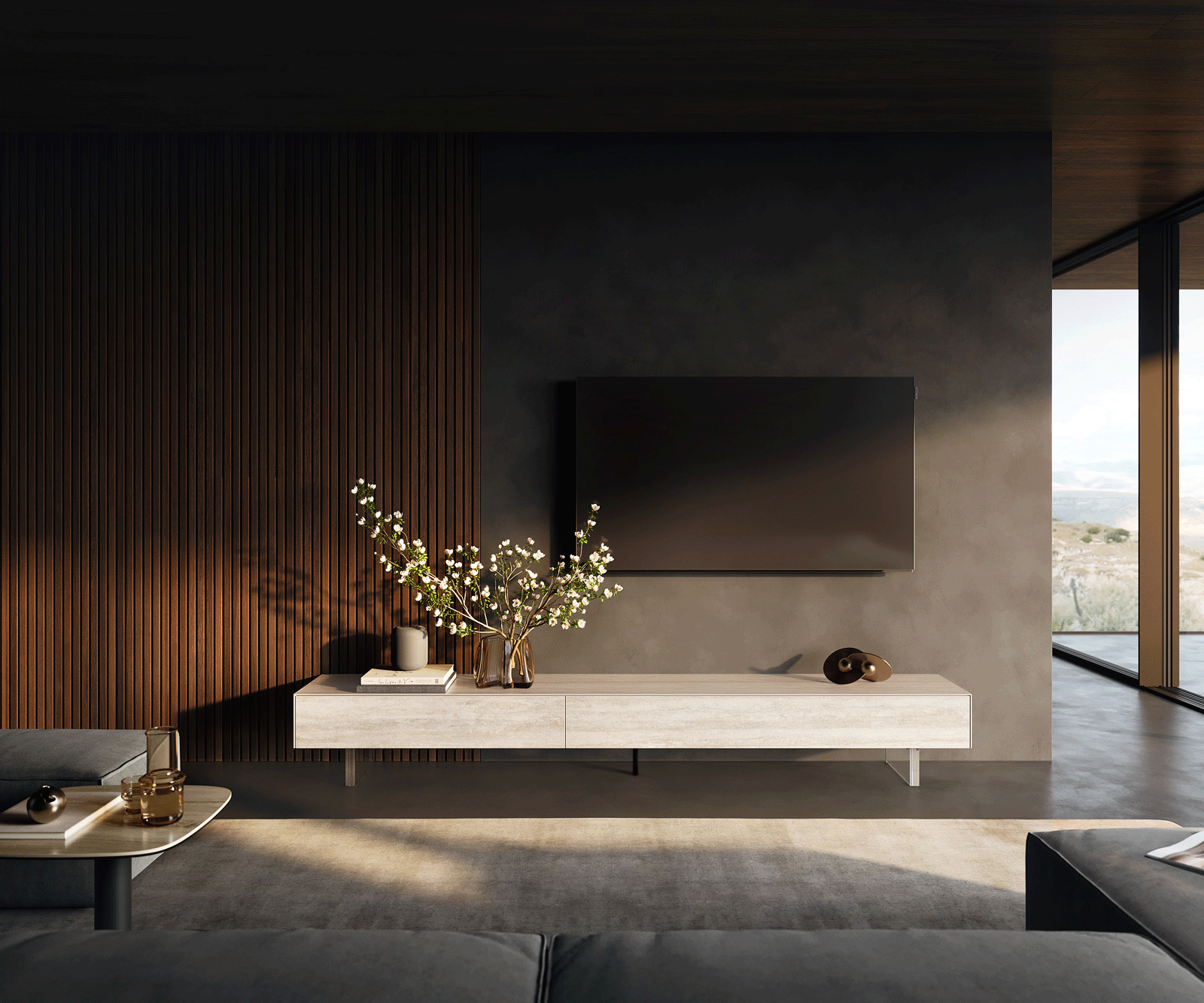 Tv-meubel Cuor 250 cm Keramiek Laminam® Travertino Bianco Crème-wit 1 Flap 1 Lade Zwevende voet look Acrylglas 2