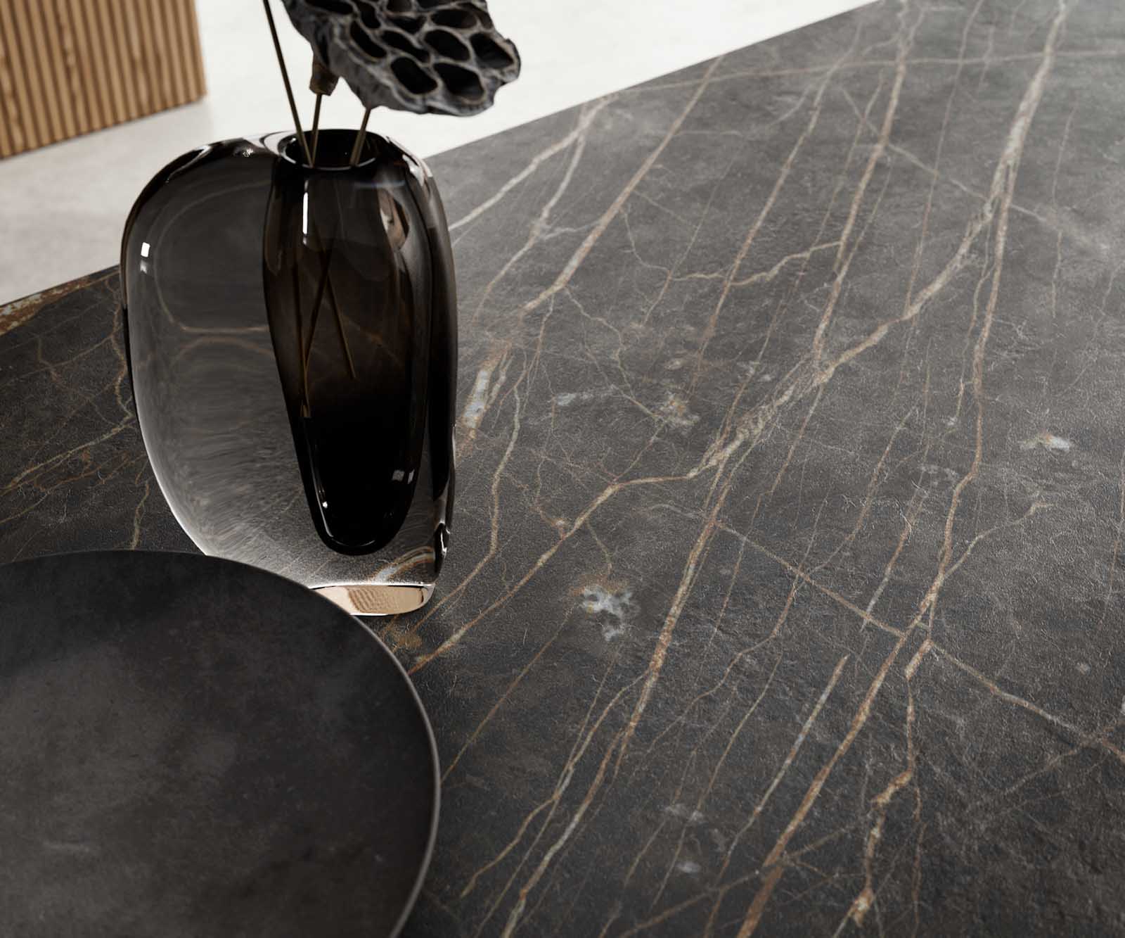 Eetkamertafel Edge 200-300x100 keramiek Laminam®Noir Desir bruin spider vlak staal RVS uitschuifbaar 8