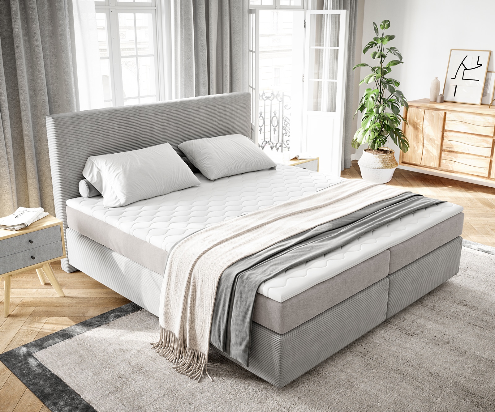 Boxspringbed Dream-Well 180x200 cm Cord Zilvergrijs met Pocketveringmatras en Topper Visco 3 Boxspringbed Dream-Well 180x200 cm Cord Zilvergrijs met Pocketveringmatras en Topper Visco 3