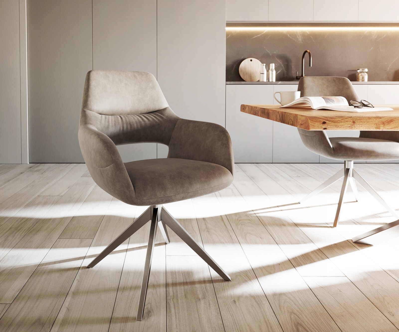Eetkamerstoel Yago-Flex met armleuning microvelours taupe vintage kruisframe breed roestvrij staal pocketveer kern