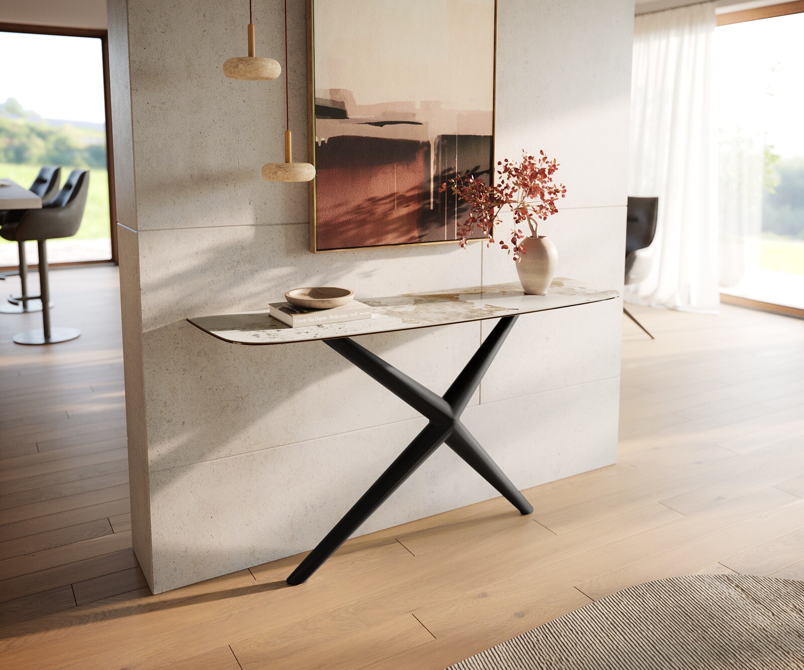 Consoletafel Edge Bootvorm 140x40 cm Keramiek Minas Melange Weiß-Beige Estelo Metaal Zwart 1