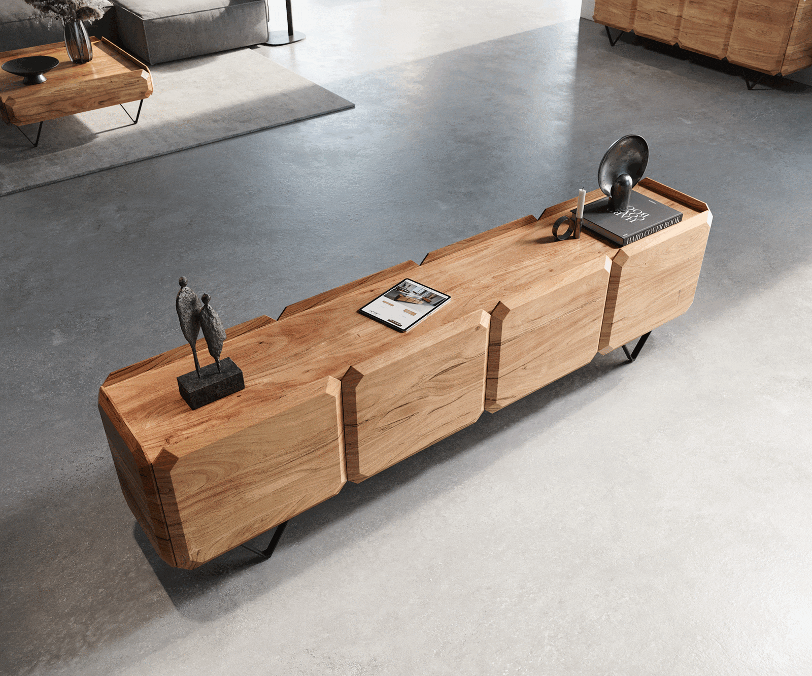 Lowboard Kiano 220 cm Acacia Natuur 4 Deuren V-voet Zwart Roomdivider 2 Lowboard Kiano 220 cm Acacia Natuur 4 Deuren V-voet Zwart Roomdivider 2