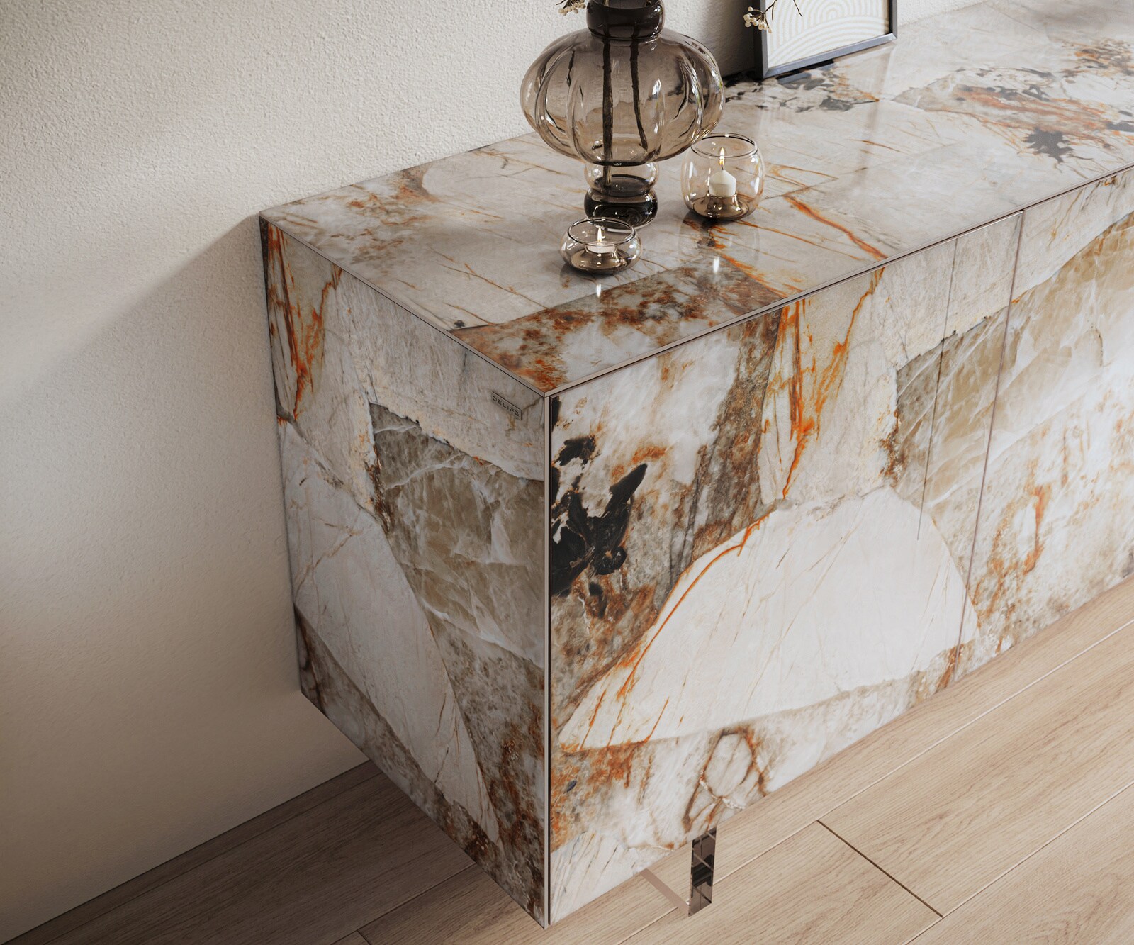 Dressoir Cuor 180 cm Keramiek Patagonia gepolijst 2 Deuren 3 Laden Zwevende voet look Acrylglas 6