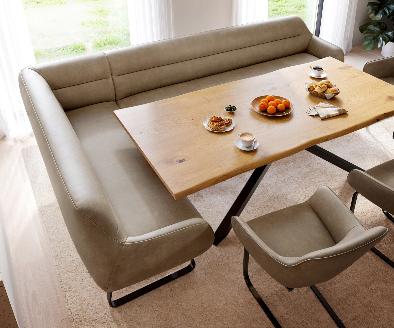 Eetkamerbank Taya-Flex 285x190 cm microvelours beige vintage platte sledebasis zwart pocketvering rechts 4